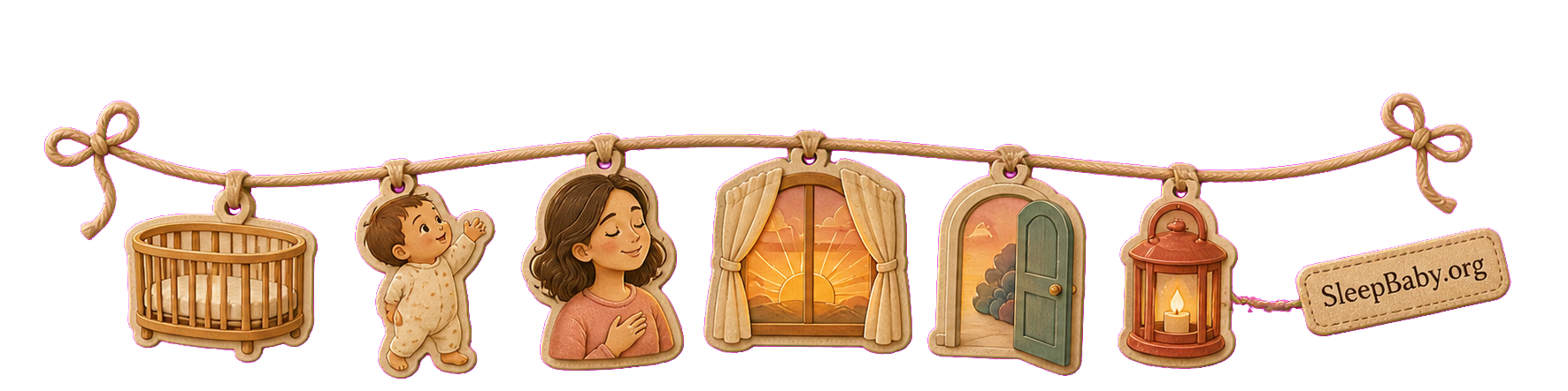 A ribbon of crib-rail, standing-baby, caregiver, sunrise, doorway, and lantern charms
