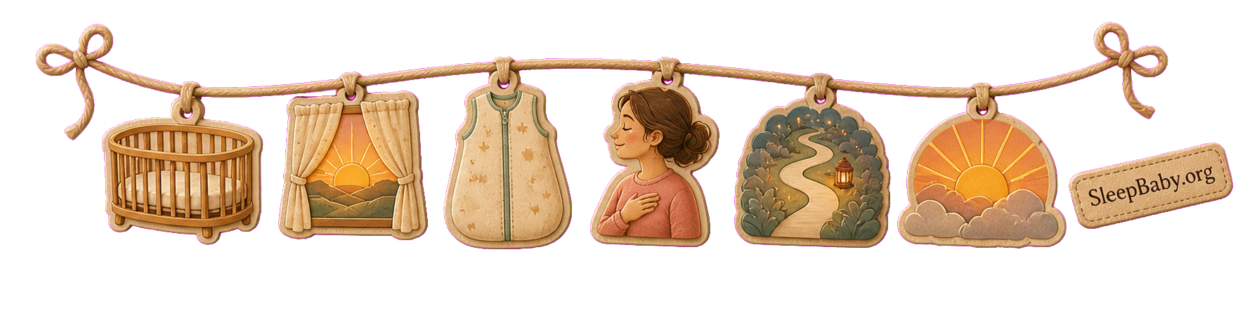 A return-to-rest ribbon with empty crib, dawn curtain, wearable sleep bag, calm caregiver, winding path, and sunrise charms