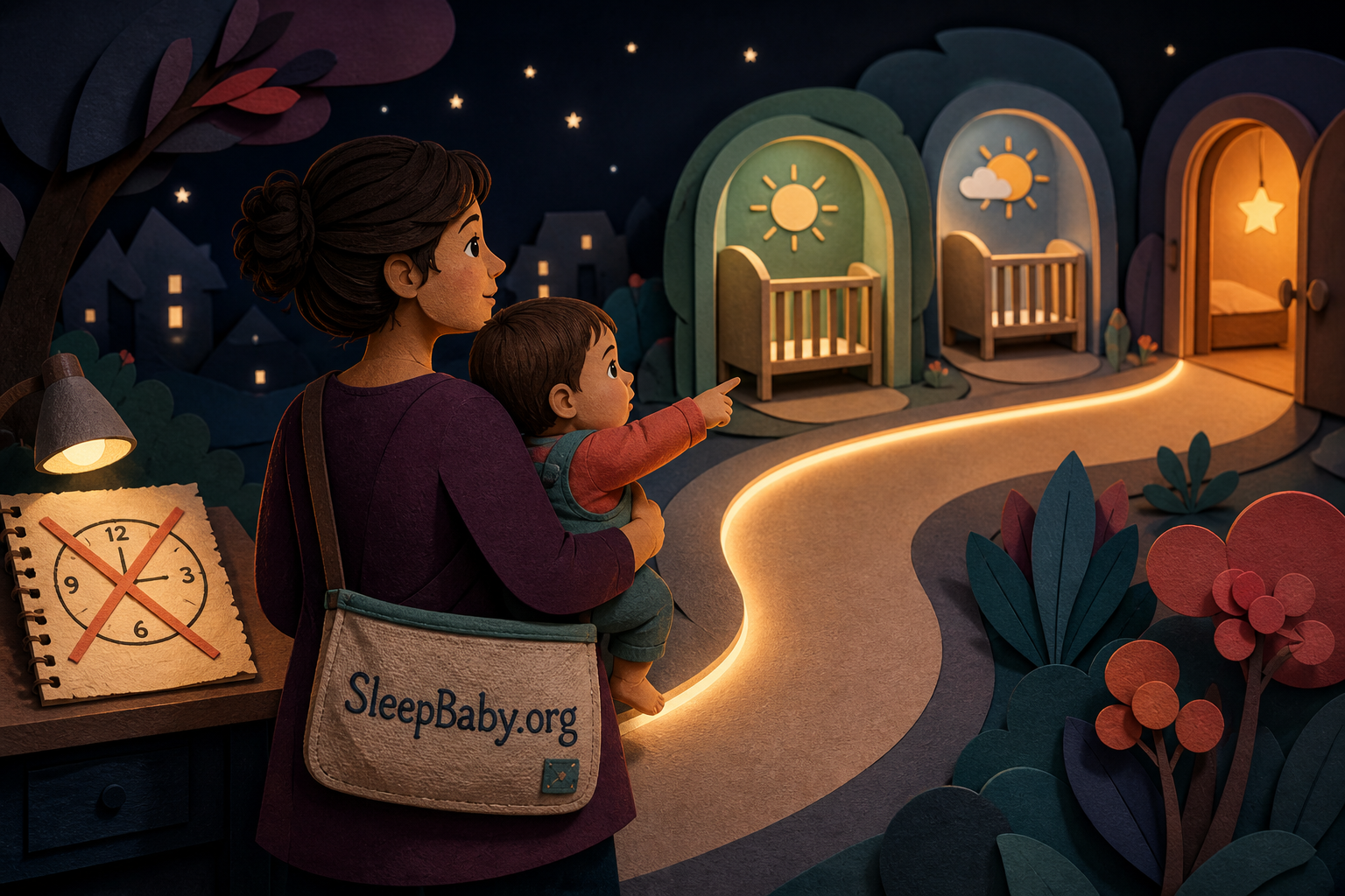 Caregiver and alert baby follow a luminous path from a crossed-out clock toward two naps and bedtime.