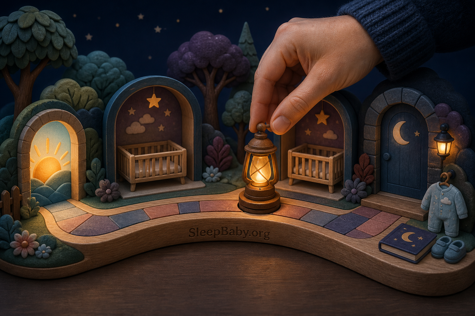 One amber timing lantern moves between a sunrise anchor, two empty crib alcoves, and bedtime.