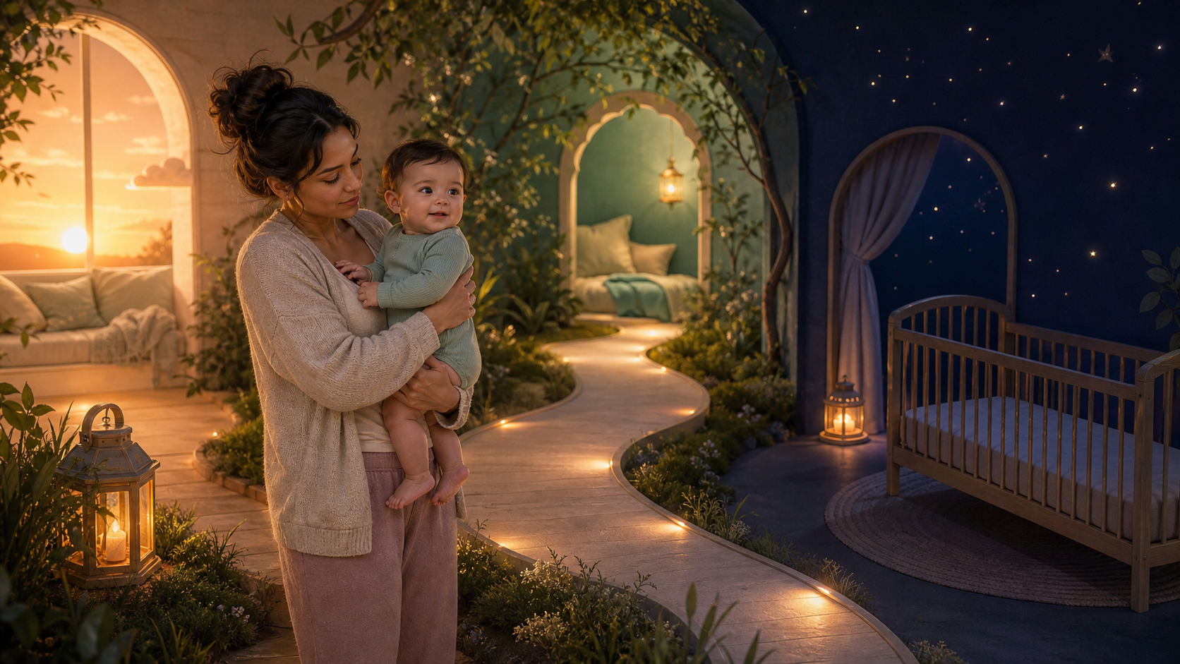 A caregiver holds an awake 11-month-old beside a glowing path from morning naps to an empty nighttime crib.
