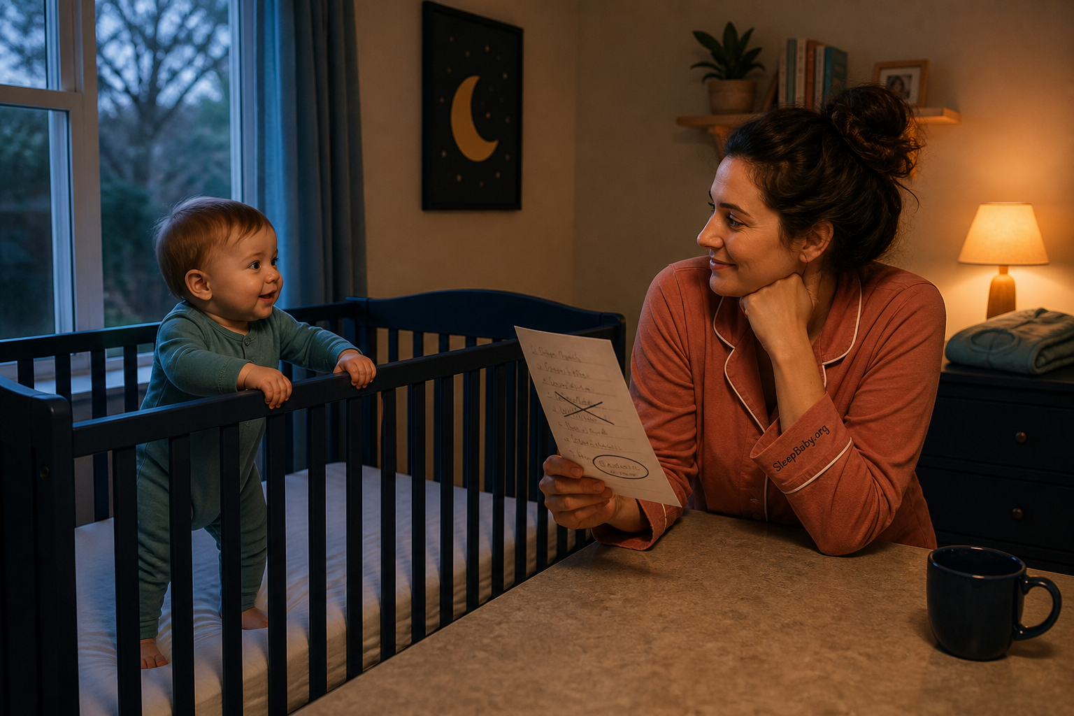 Kacey-and-Benjamin composite scene with a crossed-out nap and an alert baby standing safely in an empty crib.