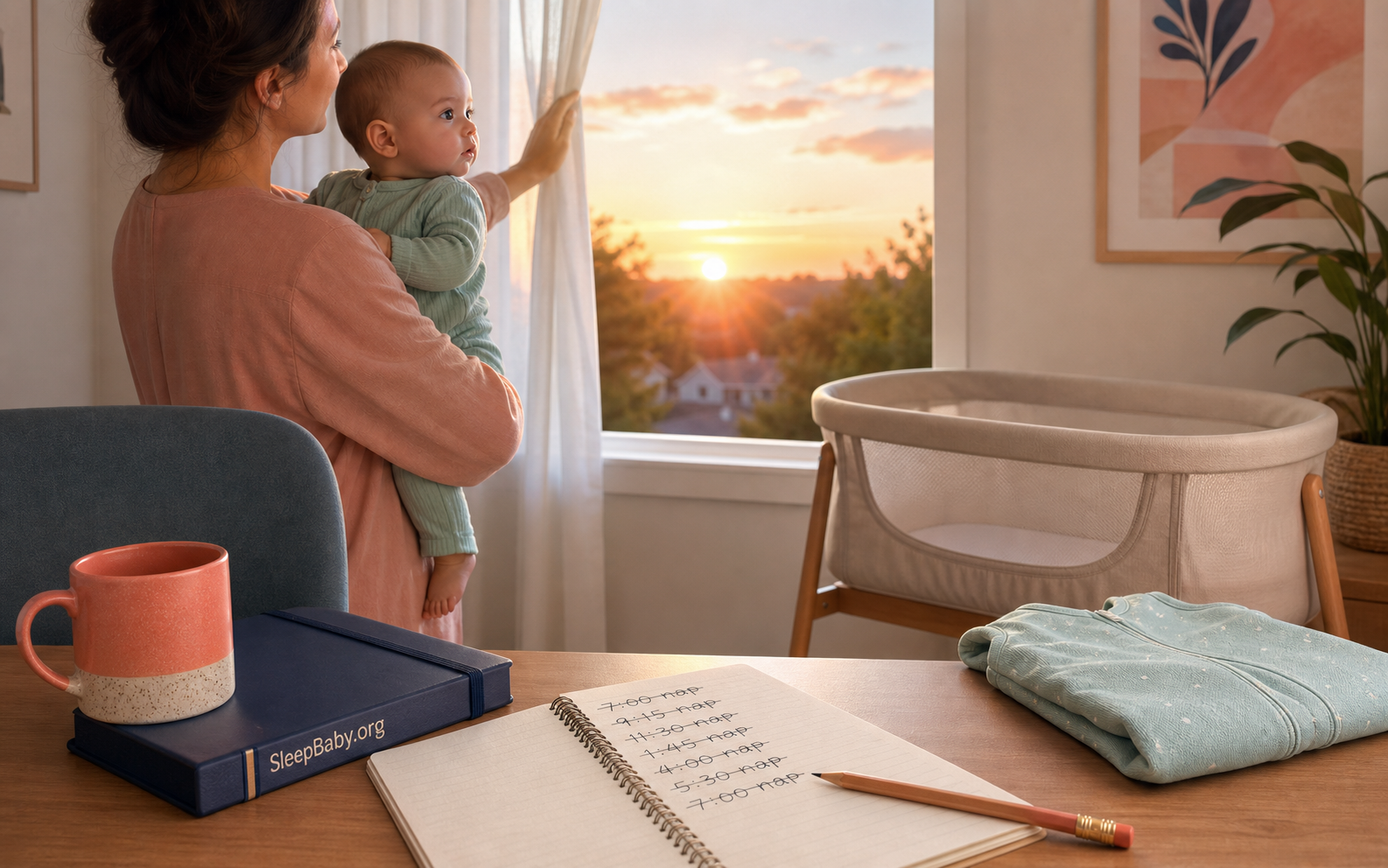 A caregiver opens the curtains with an alert 11-week-old while crossed-out nap notes and an empty bassinet frame a fresh morning