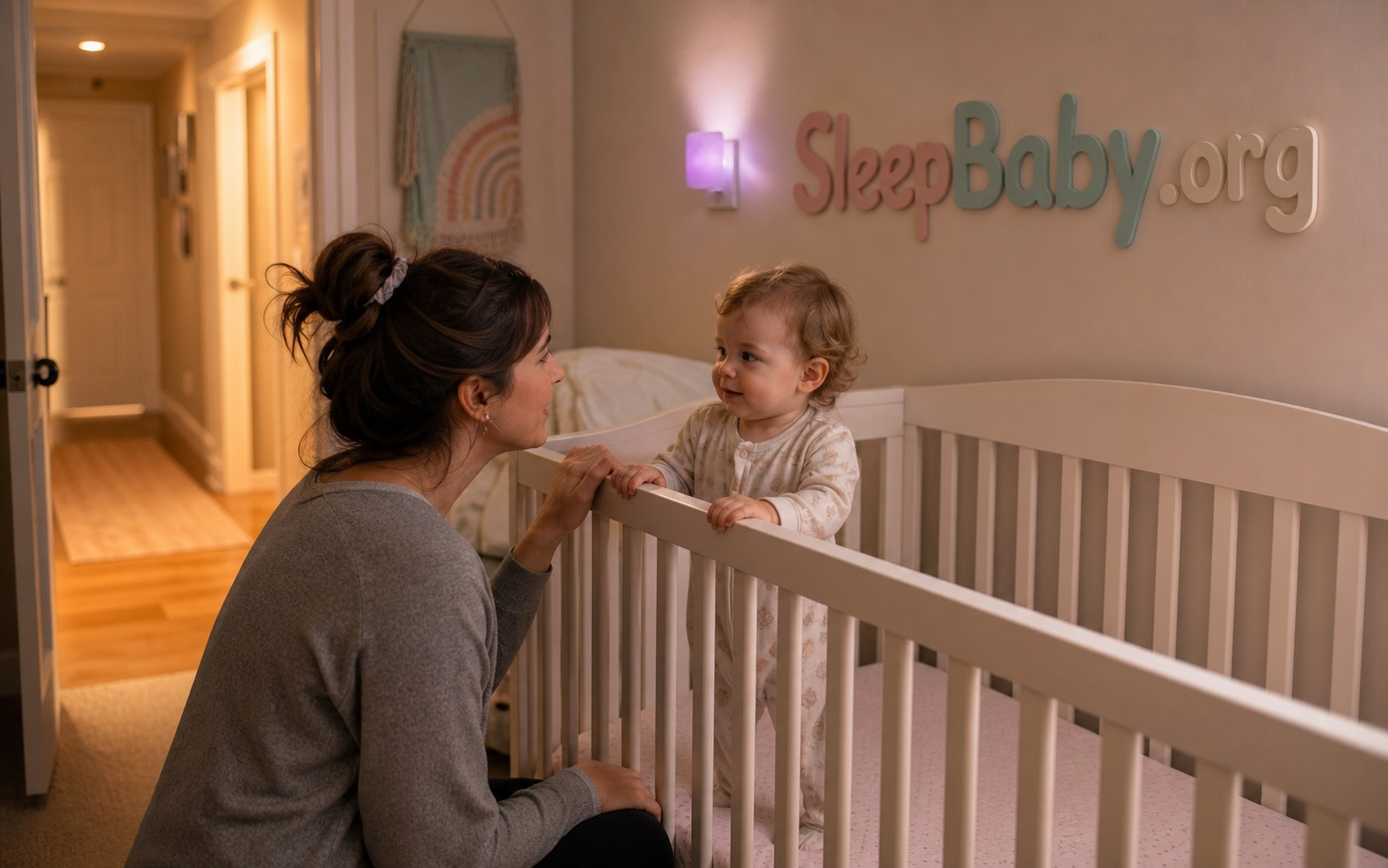 Caregiver gives an awake toddler a calm good-night beside an empty crib and softly lit hallway