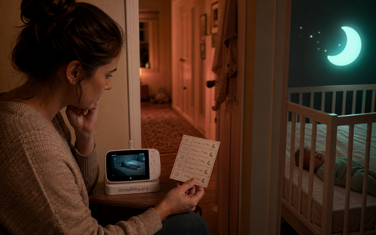 Parent compares a five-night sleep card beside a dim monitor while a toddler sleeps in an empty crib