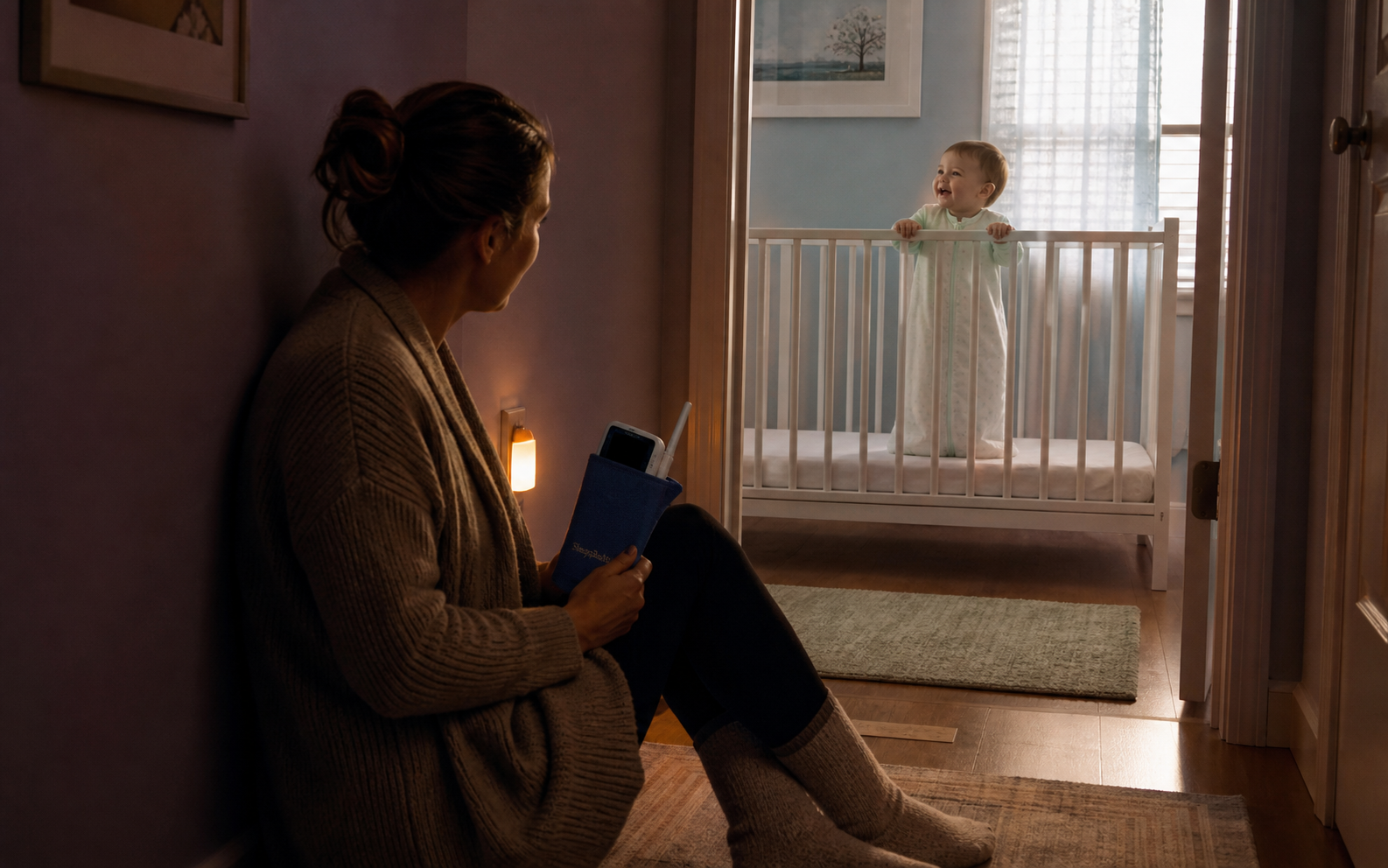 Parent watches a monitor from the hallway while an awake toddler stands safely in an empty crib