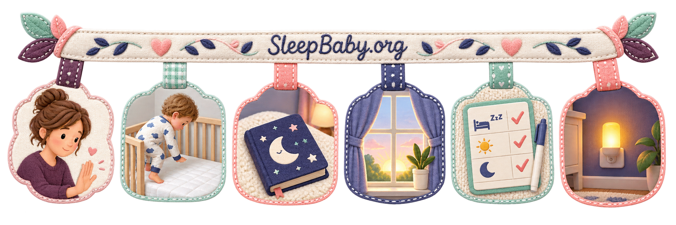 A transparent textile rail links a calm caregiver, awake toddler lowering in an empty crib, closed book, sunrise, checked sleep card, and nightlight