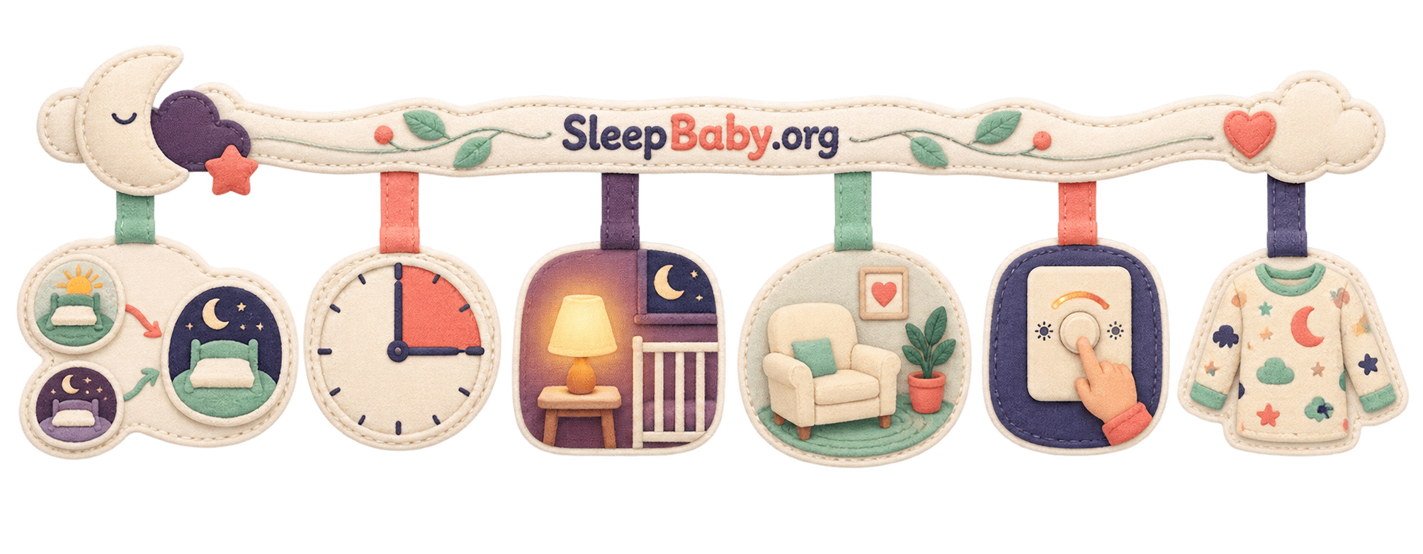 A transparent fabric rail moves from nap-route choices through one timing shift, bedtime lamp, check-in chair, dimmer, and pajamas