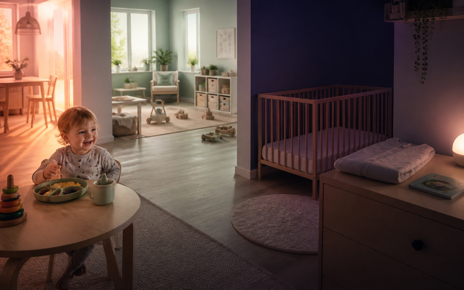 Fourteen-month-old moves from morning play through midday light toward an empty crib prepared for bedtime