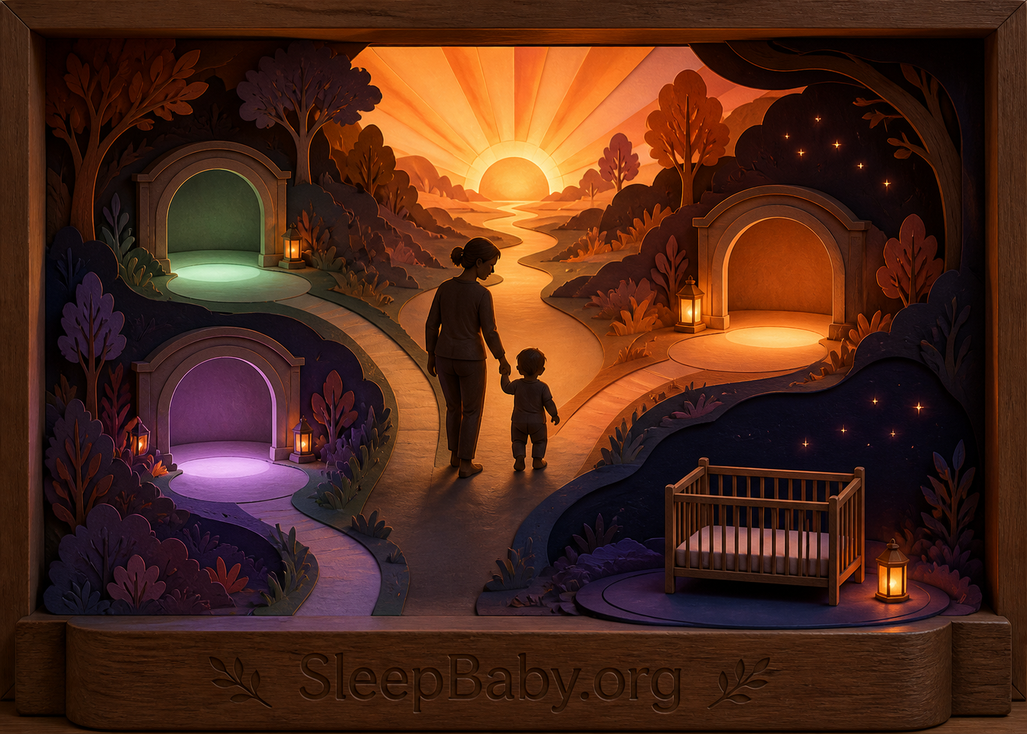 Dimensional day path splits toward two smaller light portals or one midday portal before rejoining at an empty bedtime crib