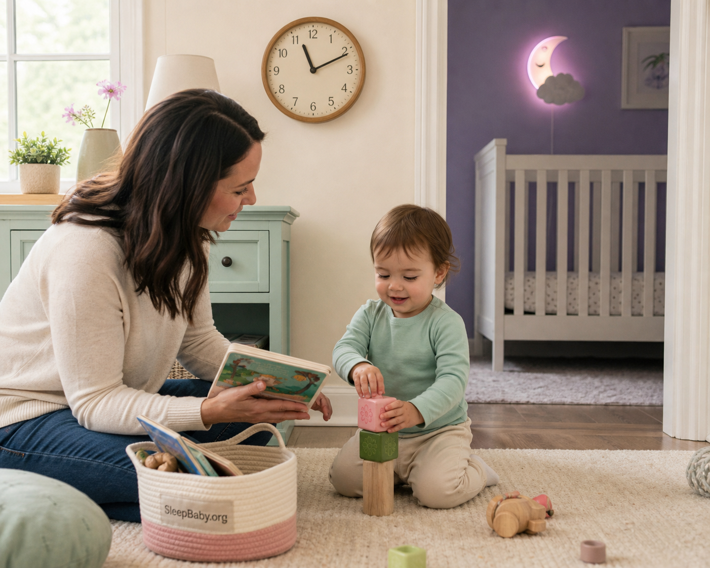 Caregiver reads beside an awake toddler as an empty crib waits in a lavender nap room