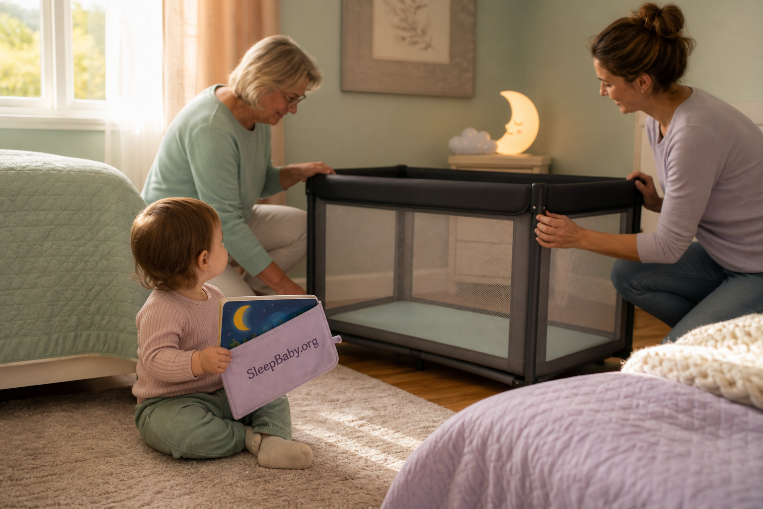 Parent and grandparent prepare an empty mesh play yard while an awake toddler holds a bedtime book