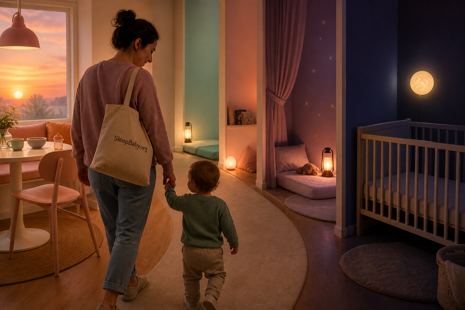 Caregiver and awake toddler walk from a coral breakfast nook toward a calm empty crib at dusk