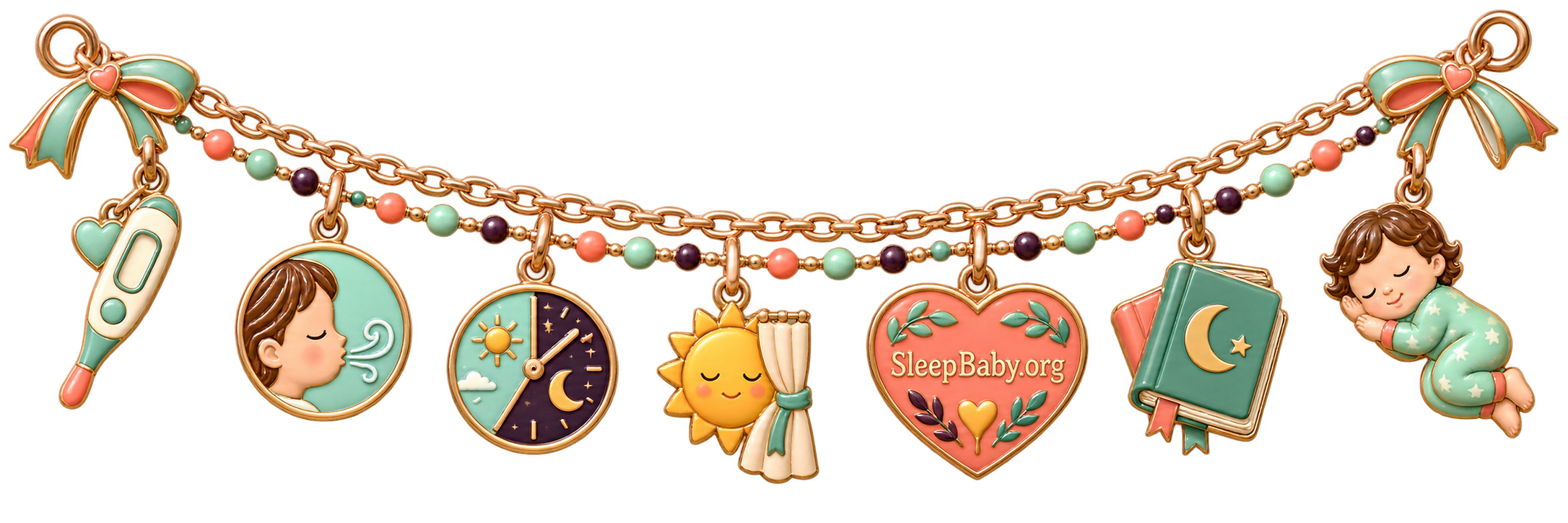 Transparent editorial rail links a thermometer, day-and-night clock, nap window, bedtime routine, and peaceful sleeping toddler