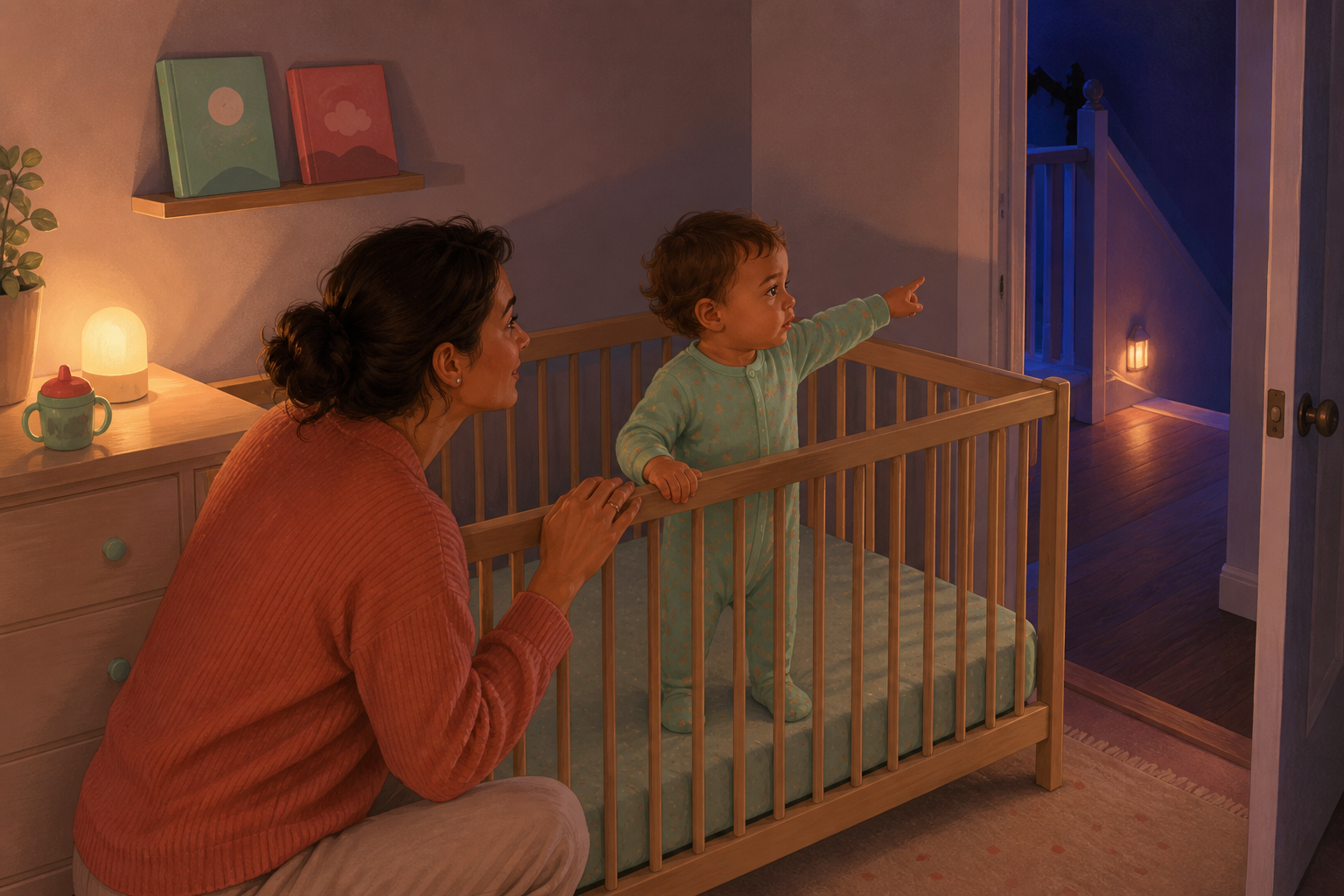 Sixteen-month-old toddler standing safely in a crib while a caregiver offers a calm bedtime reassurance in a softly lit night room