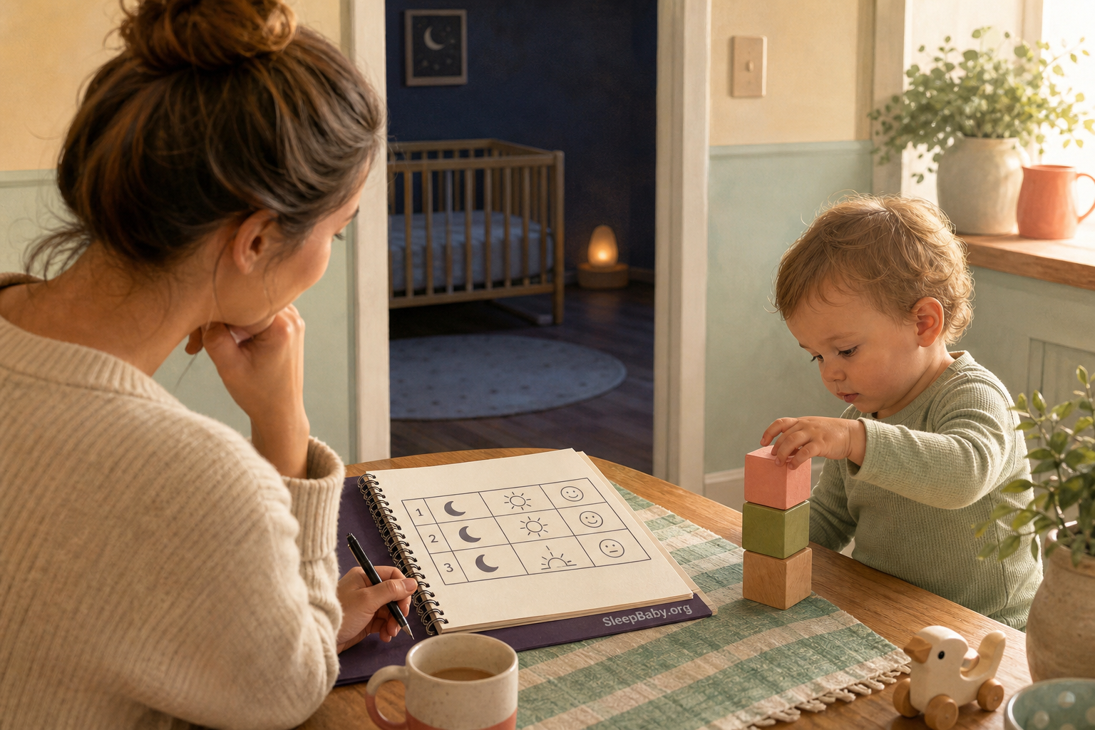 Parent reviews three nights of sleep notes while an alert sixteen-month-old plays in gentle morning light