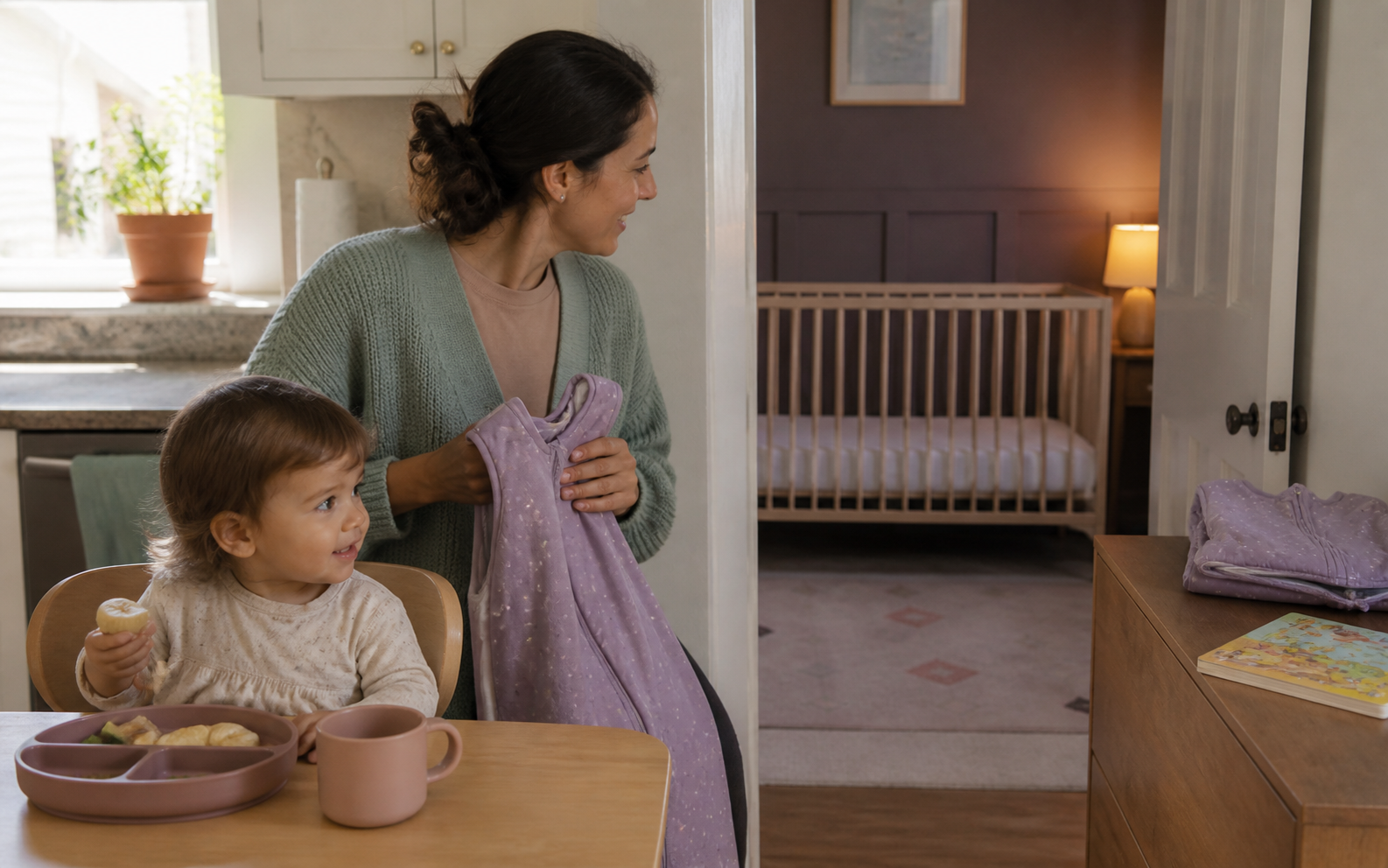 Awake 17-month-old finishes lunch as a caregiver holds a sleep sack beside a doorway to an empty crib