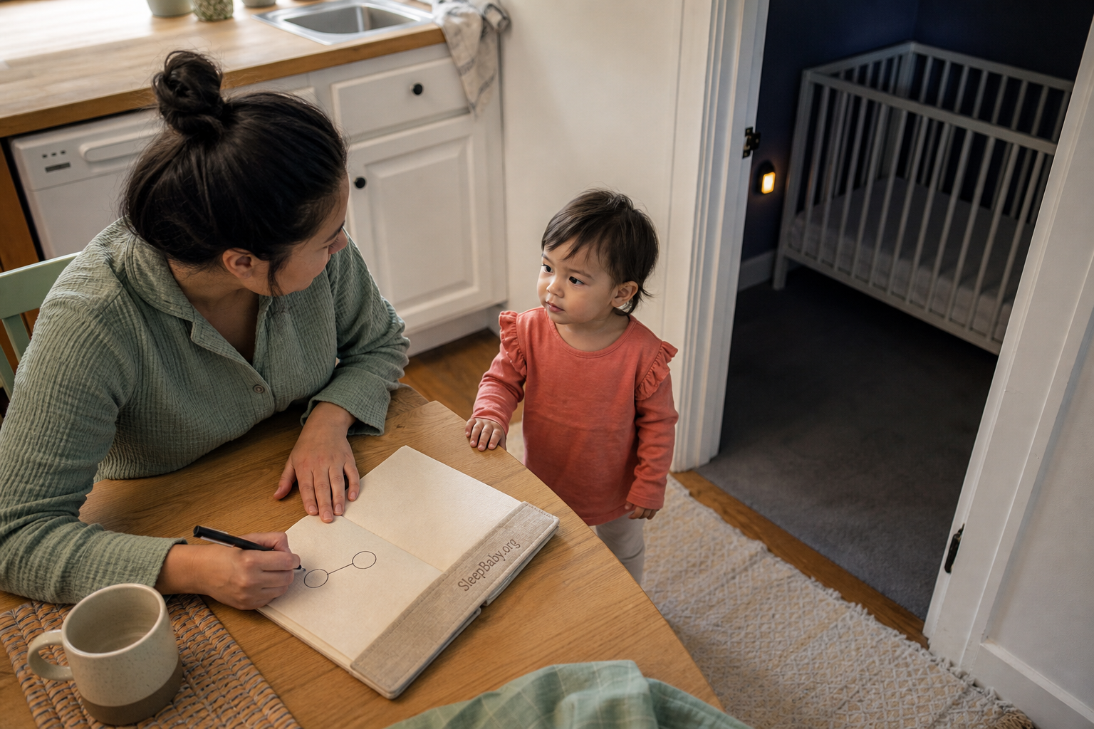 Caregiver records an actual midday nap interval Caregiver records an actual midday nap interval while an awake toddler sits near an empty darkened crib
