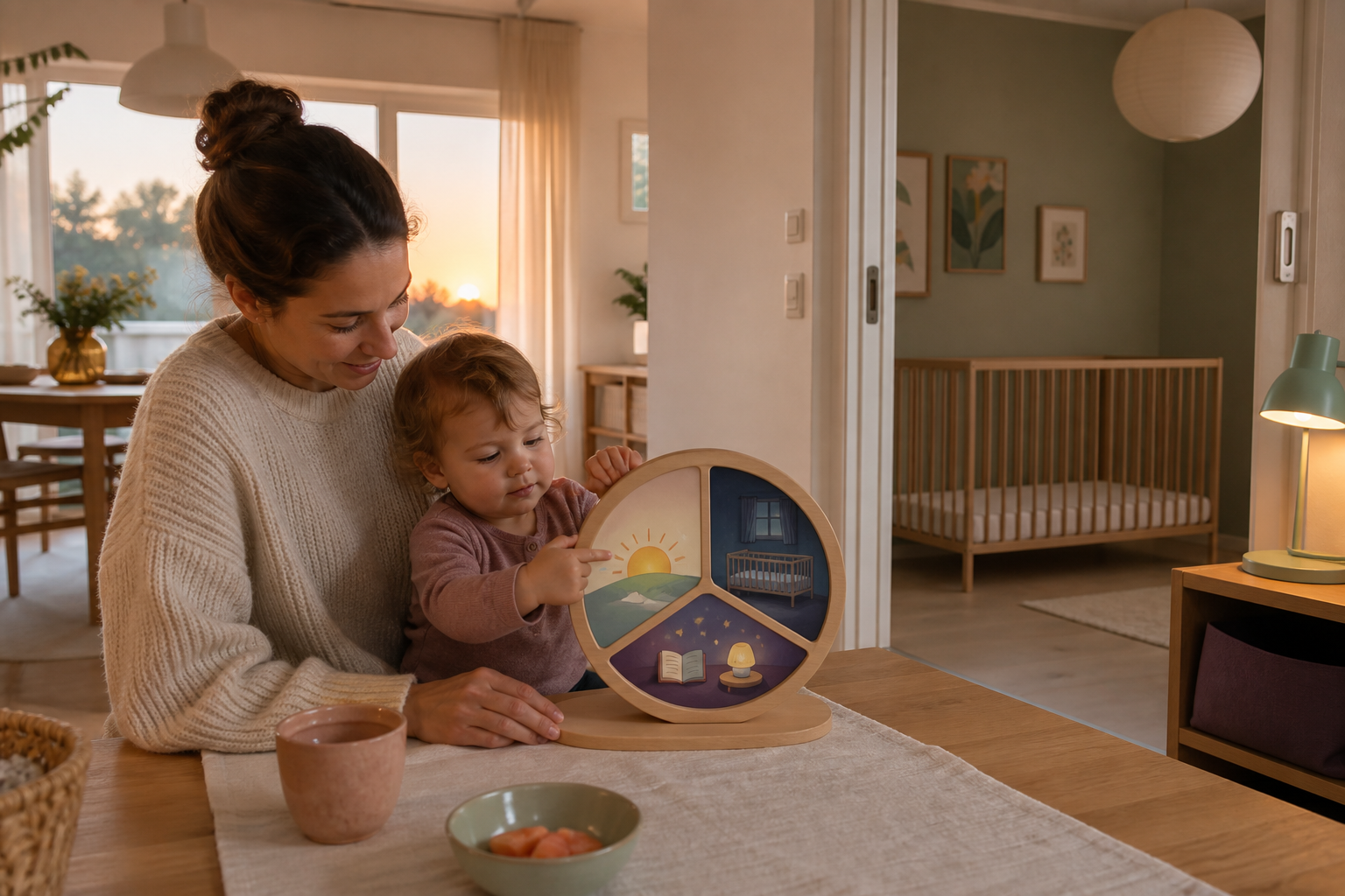 Caregiver and awake toddler turn a sunrise, nap and bedtime wheel beside an empty crib
