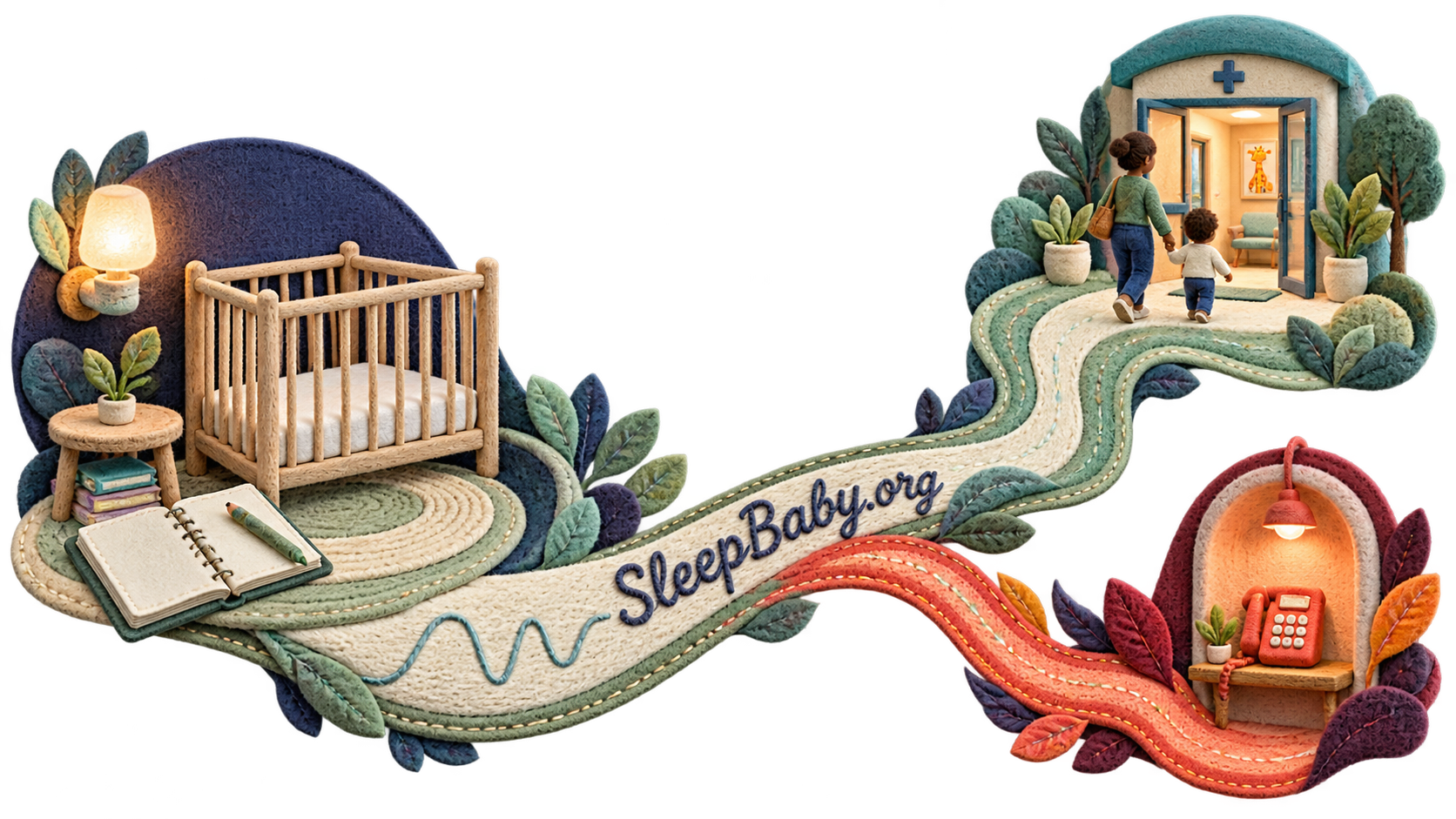 Where the toddler schedule lane ends Sleep notes and an empty crib branch toward a pediatric doorway and a separate urgent phone path