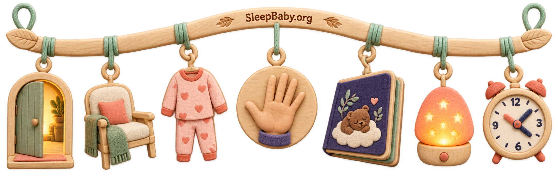 SleepBaby.org doorway rail with open door, caregiver chair, toddler pajamas, steady hand, bedtime book, nightlight, and clock
