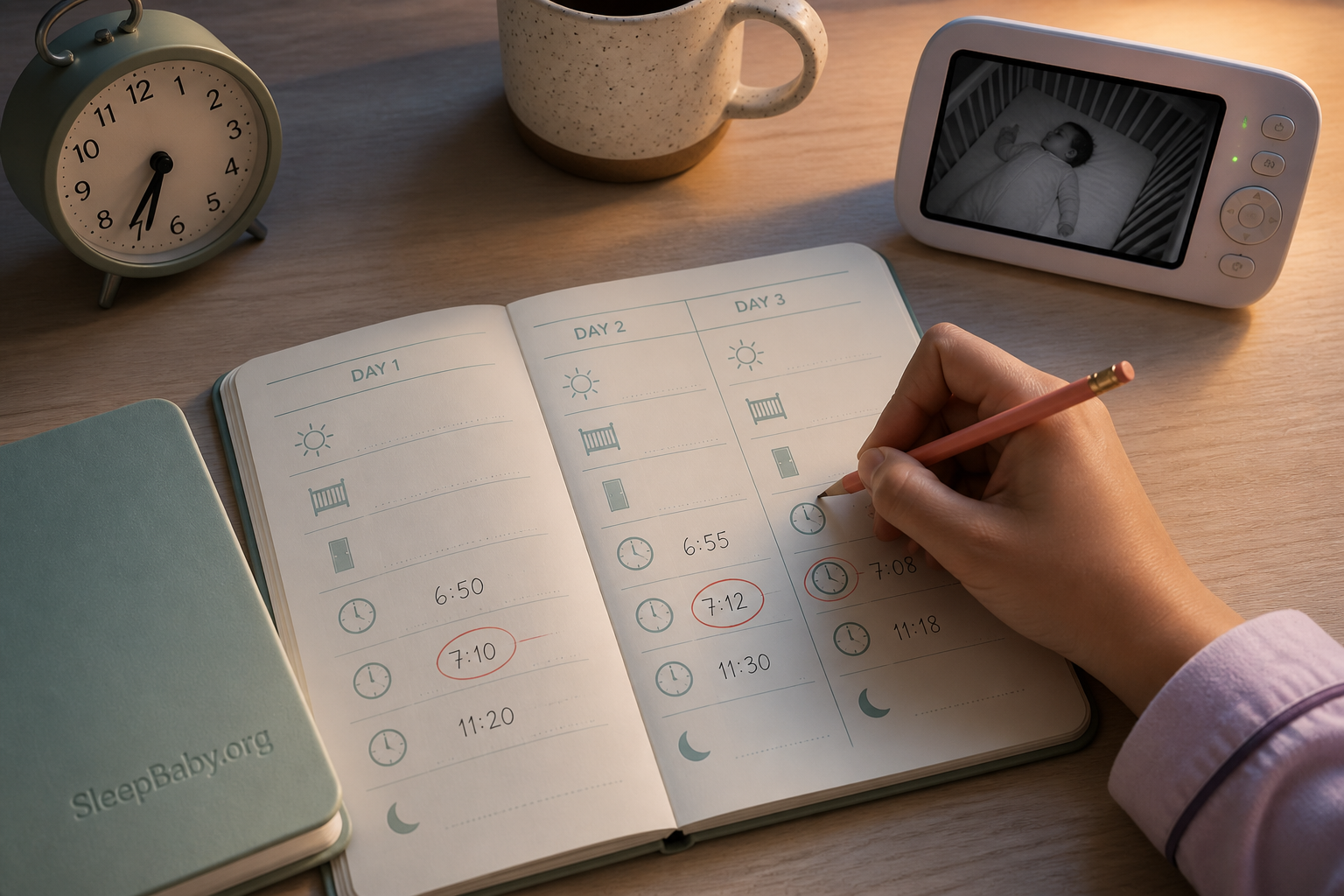 Parent circles recurring sleep times in a three-day ledger beside a monitor showing a toddler asleep in a bare crib