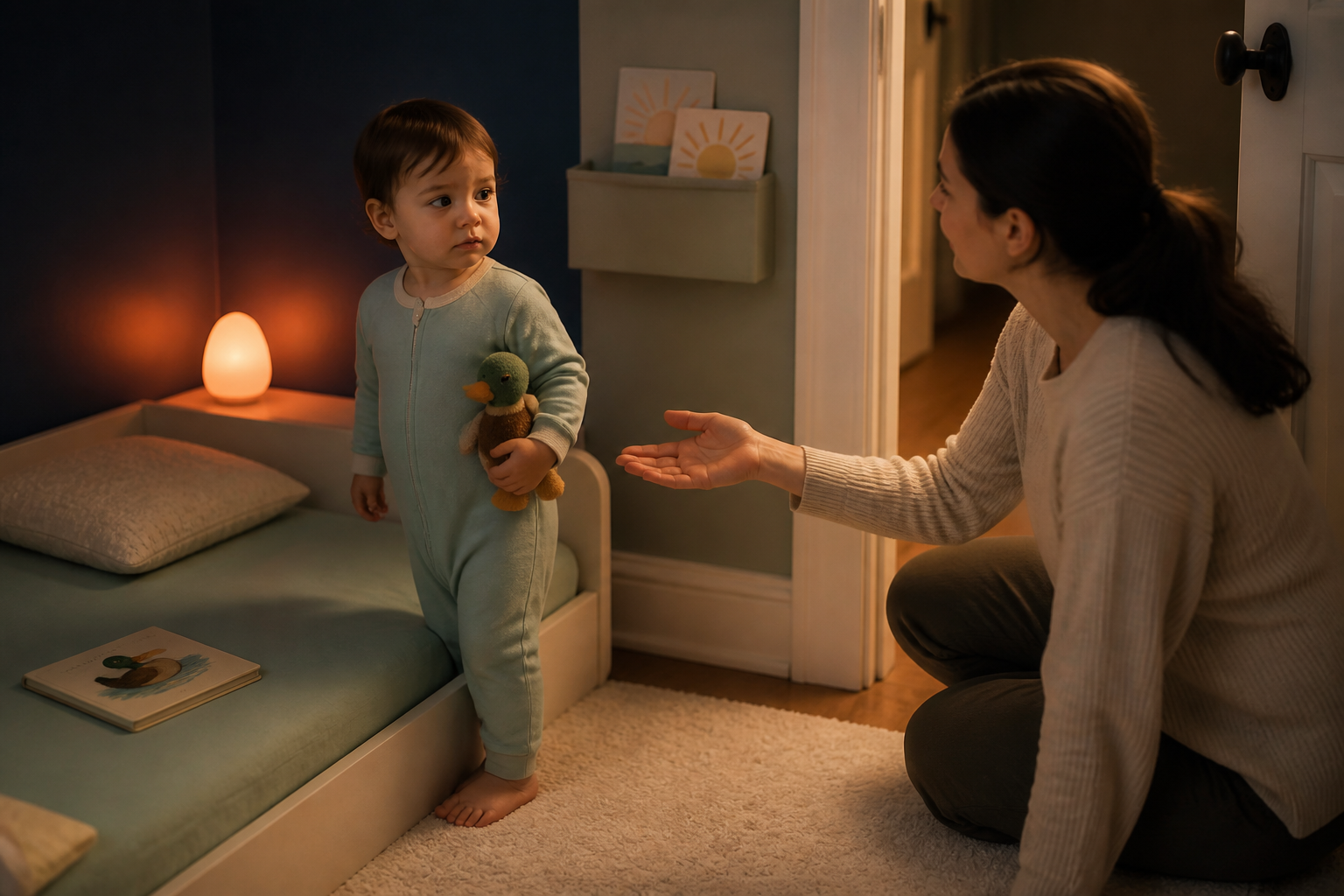 A pajama-clad toddler pauses beside a low sleep space while a parent offers a calm bedtime handoff from the doorway.