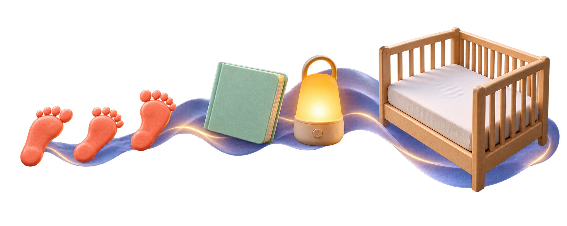 Three toddler footprints lead past a bedtime book and nightlight toward an empty safe sleep space