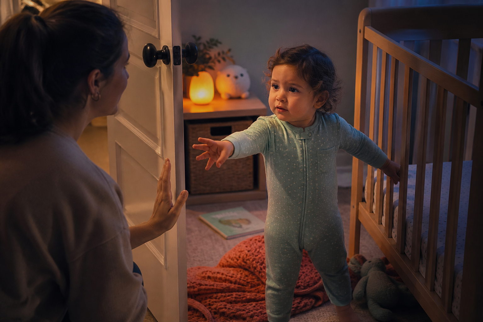 A toddler reaches toward a parent giving one brief reassuring gesture at the bedroom doorway