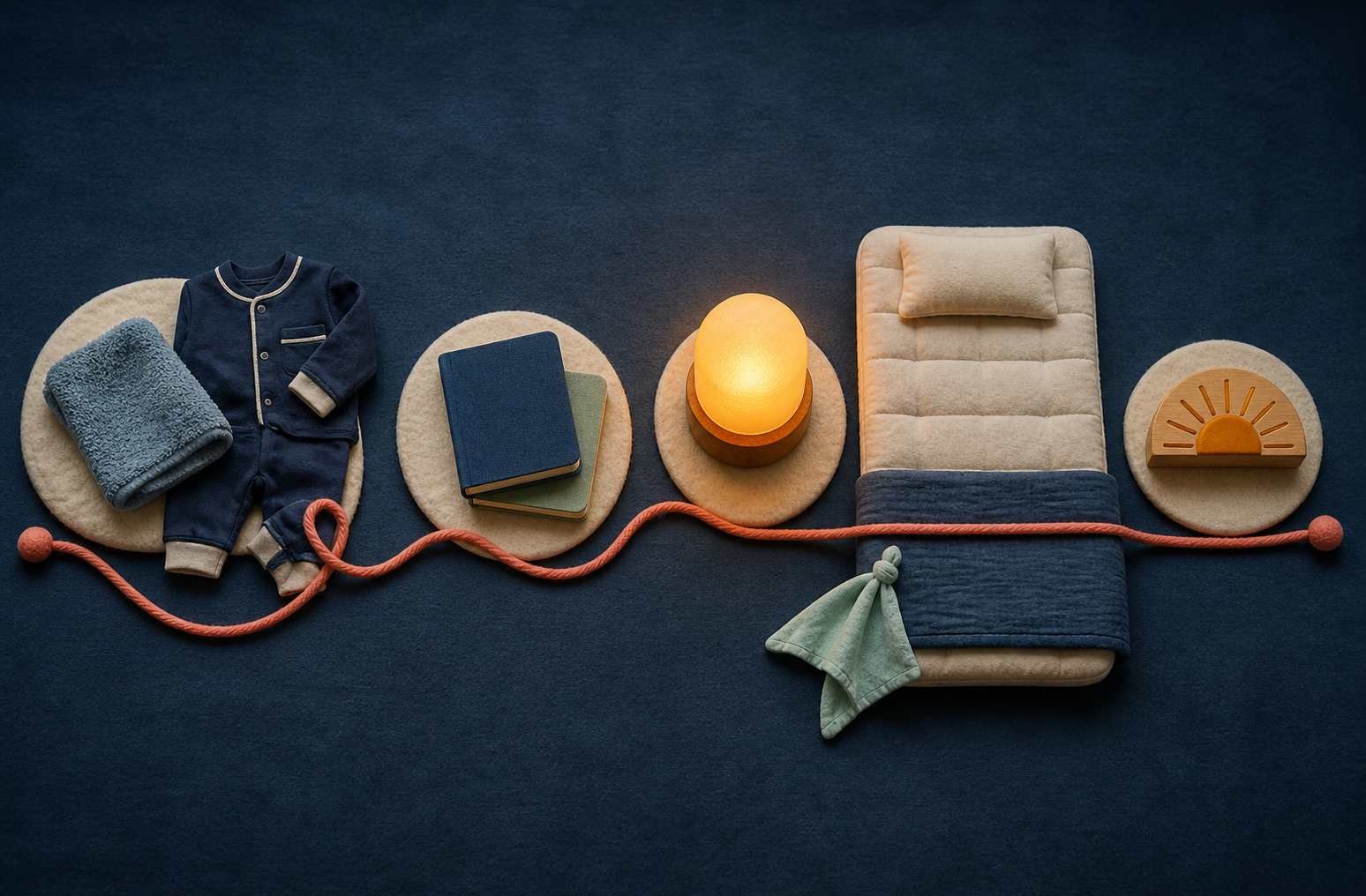 A coral path links pajamas, books, a nightlight, a safe sleep space, and a morning token