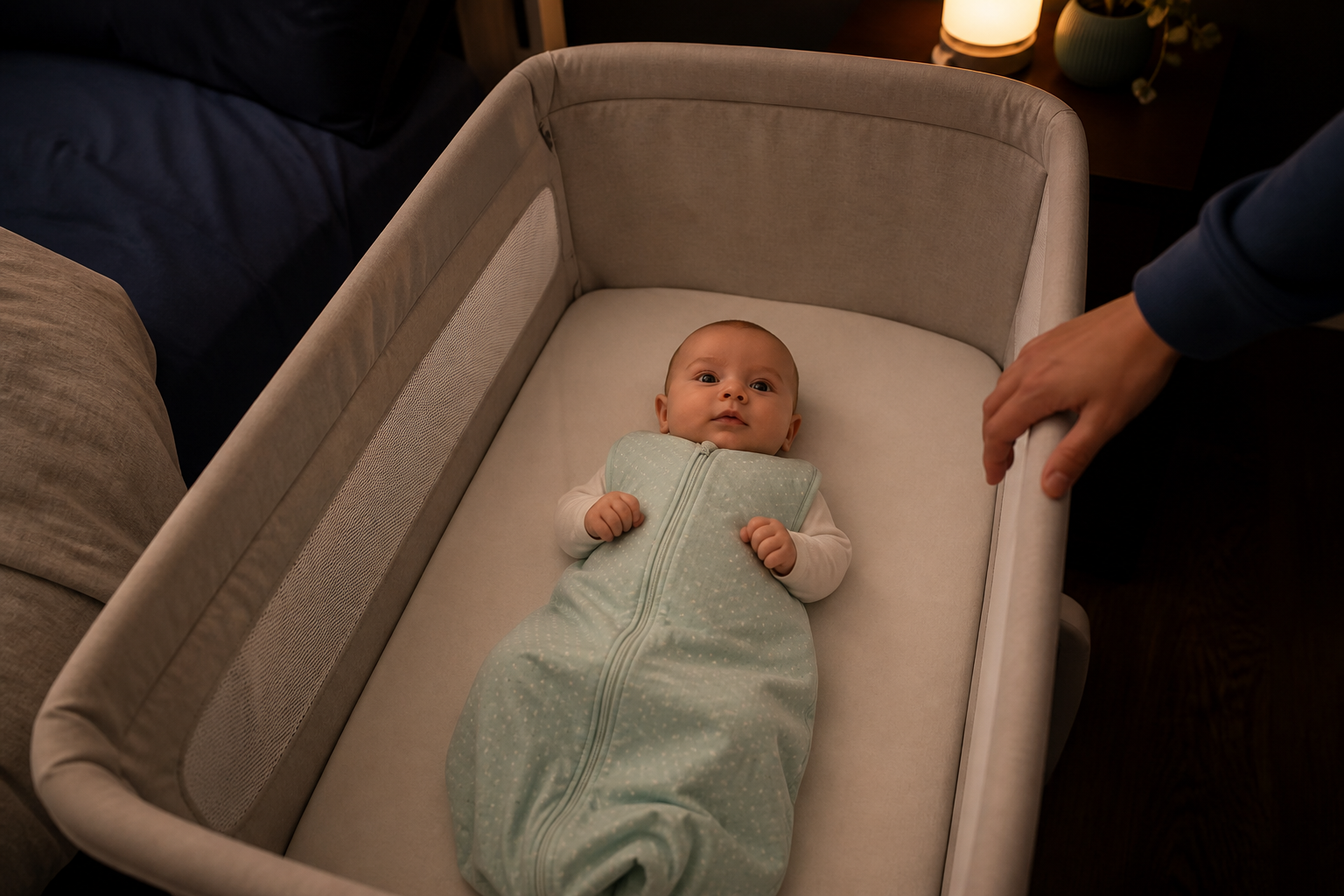 Alert two-month-old lying safely on their back in an empty bassinet after a nighttime transfer