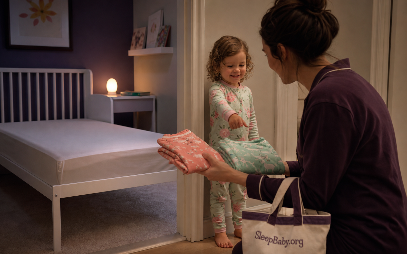 Toddler chooses between two pairs of pajamas beside a bare bedtime sleep space