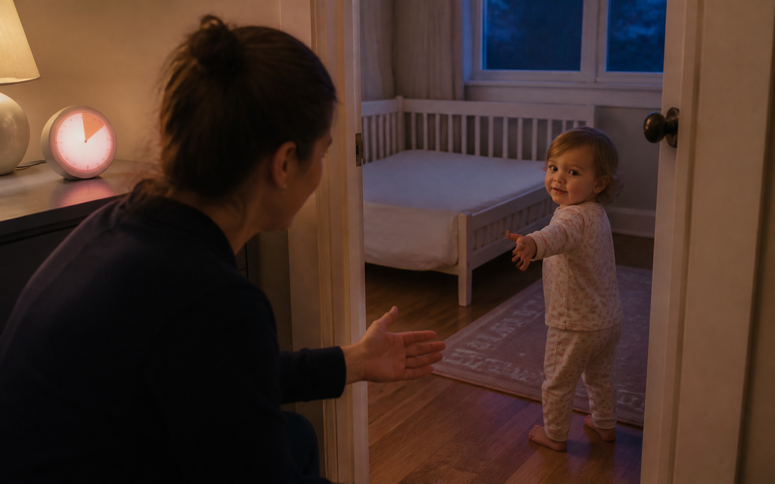 Pajama-clad toddler reaches toward a caregiver from a softly lit bedtime doorway