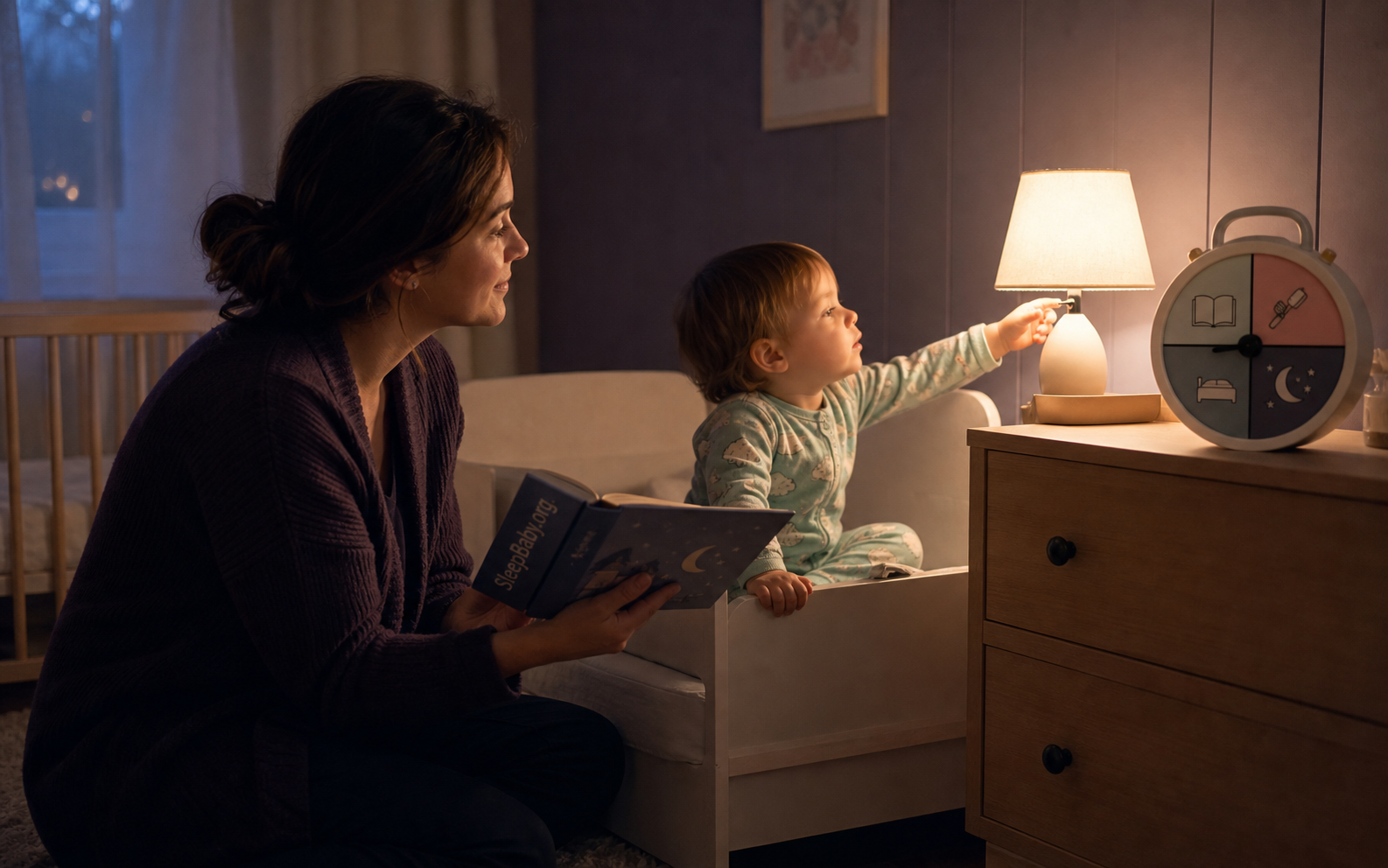 Toddler reaches to switch off a bedside lamp while a caregiver holds the final bedtime book