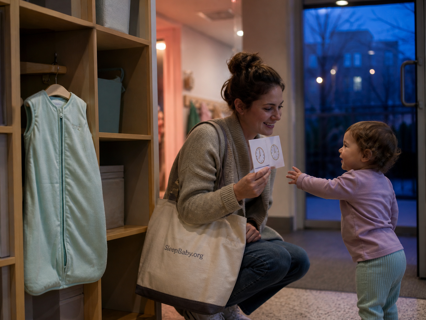 Caregiver greets an awake toddler at dusk while holding a two-clock nap card beside a stored sleep sack