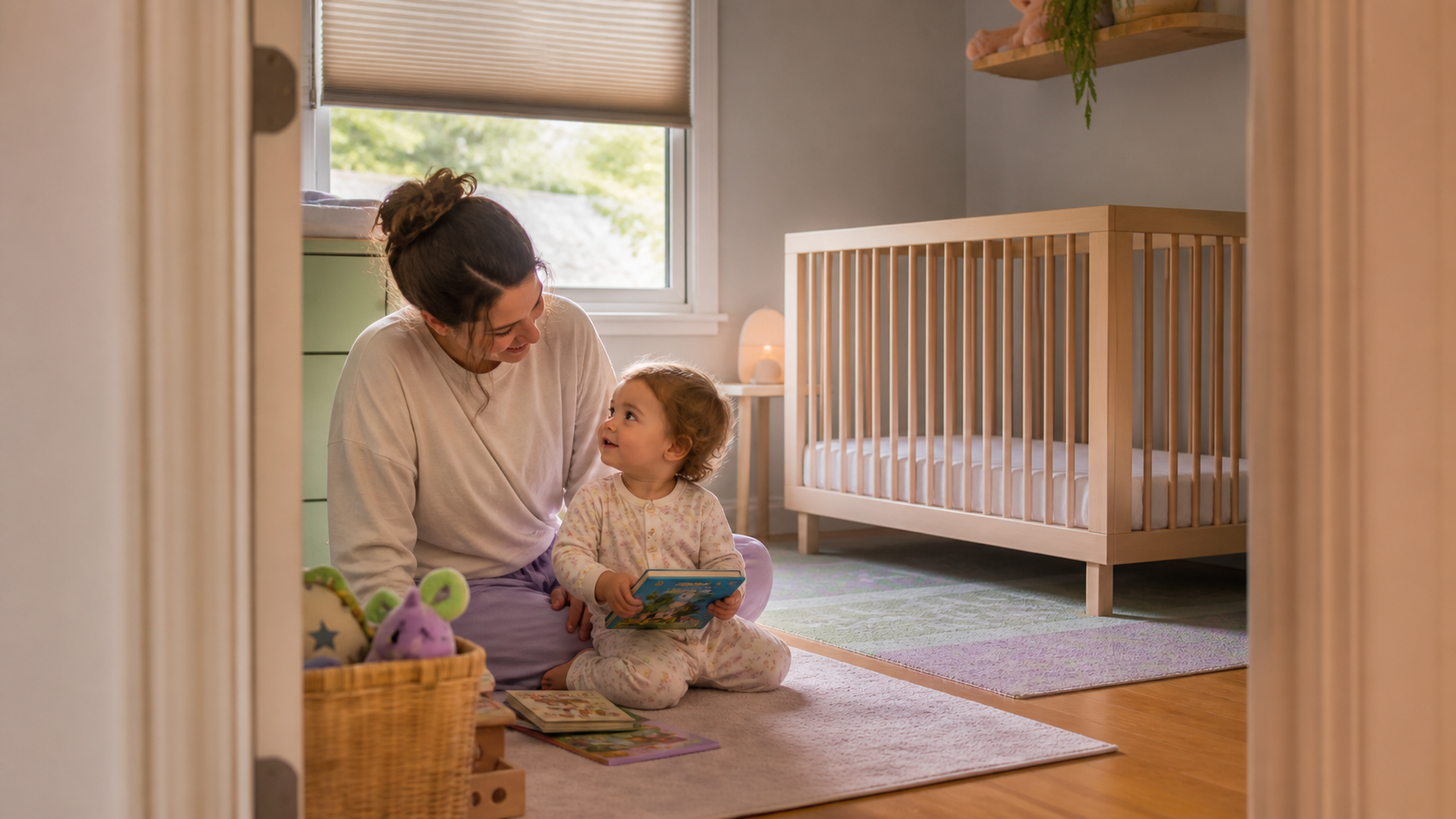 Awake toddler in pajamas holding a board book with a caregiver beside a safe empty crib as the midday shade is drawn