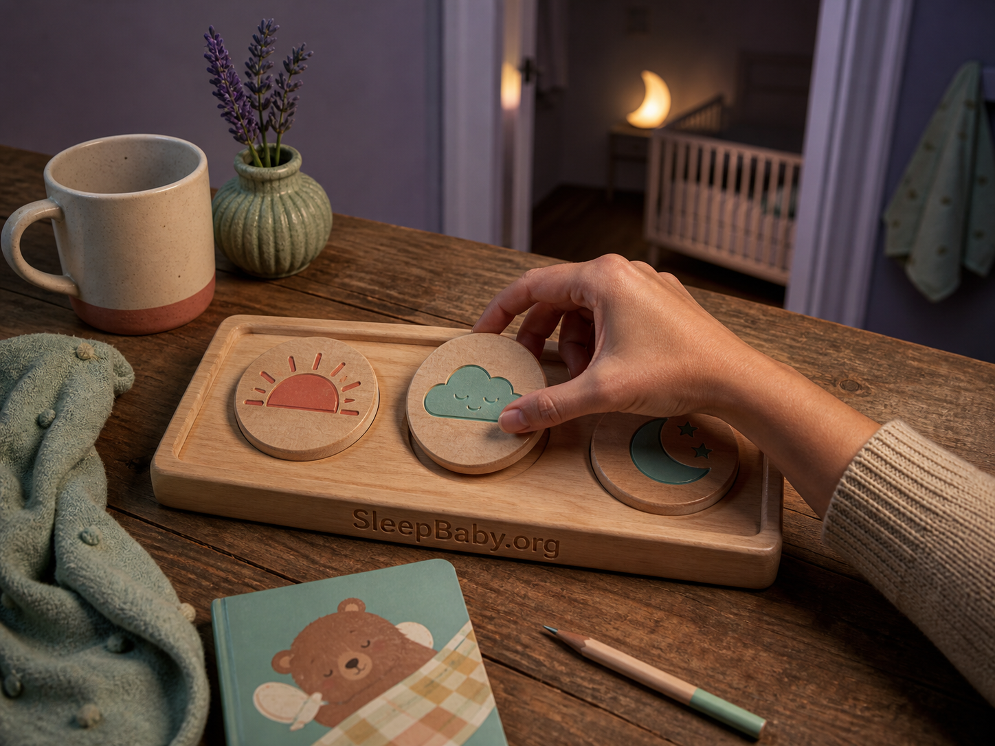 Caregiver hand moves only the center nap token on a wooden sunrise-nap-bedtime tray near a dim safe nursery