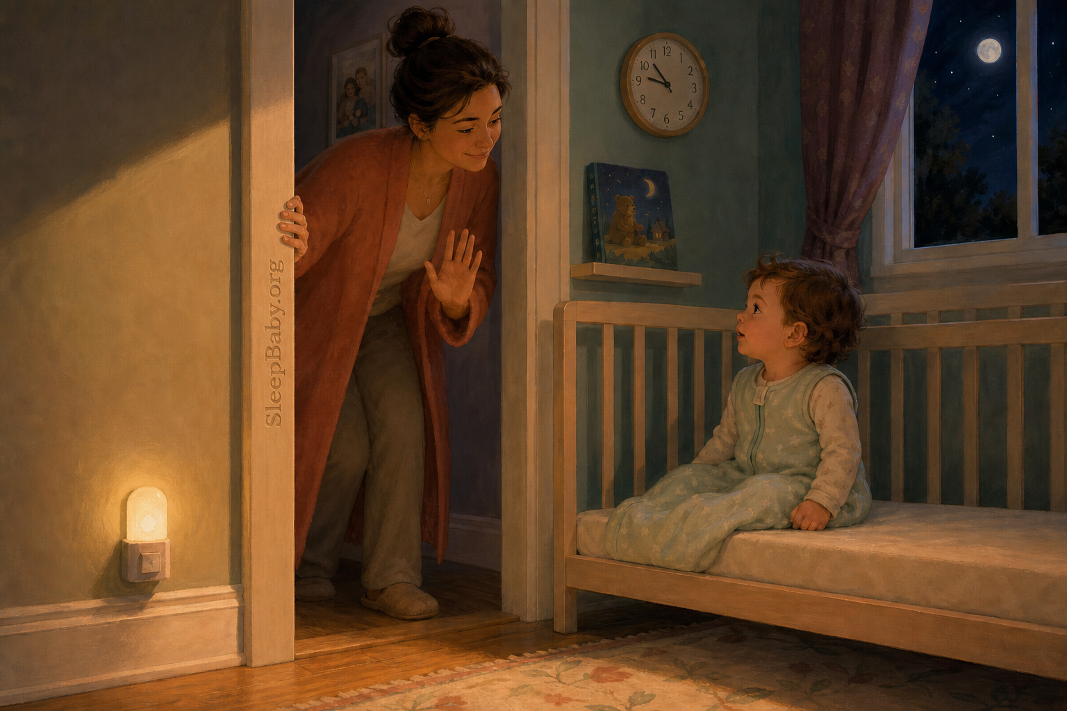 A caregiver makes a warm, predictable doorway return while a 21-month-old sits on a converted toddler bed with a bare sleep surface