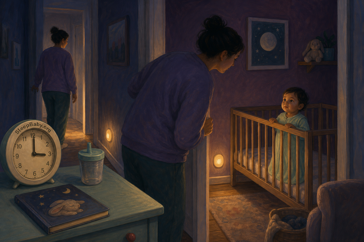 A caregiver checks and reassures an alert 21-month-old in a bare crib while keeping the room in quiet night mode