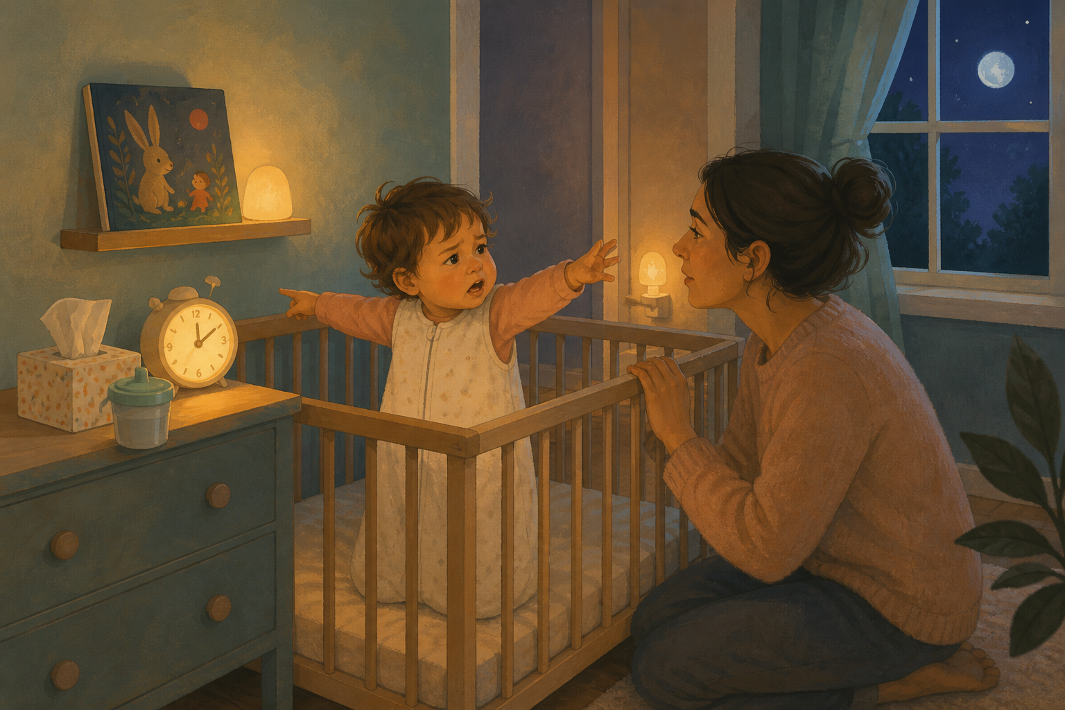 An alert toddler in a sleep sack stands in a bare crib while a caregiver kneels nearby with a bedtime book and softly glowing clock