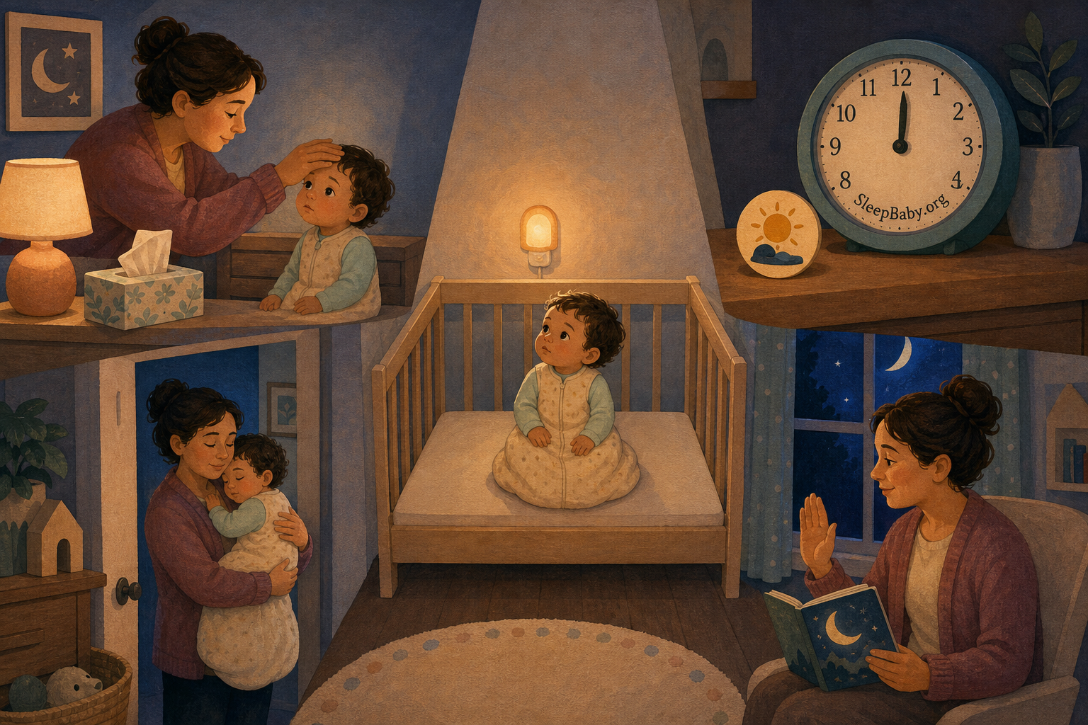 A four-lens toddler night map shows a comfort check, nap timing, doorway connection, and a calm bedtime boundary around a bare crib