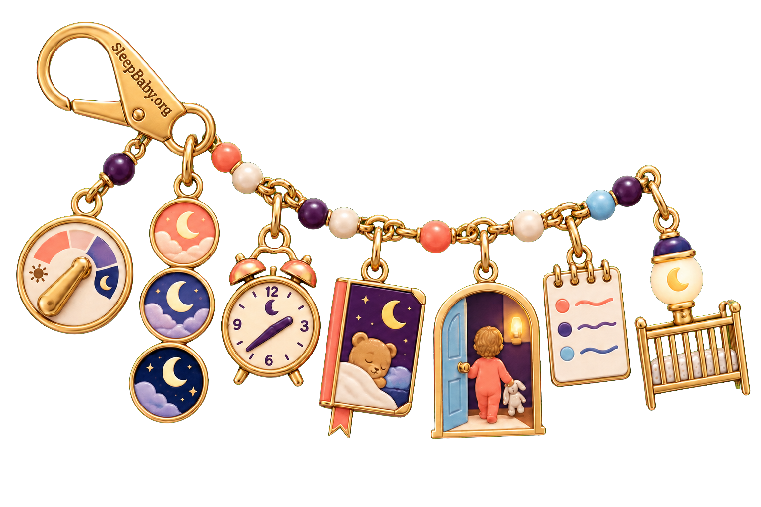 A one-lever strand joins a selected change, three nights, nap timing, a bedtime book, steady return, notes, a bare crib, and nightlight