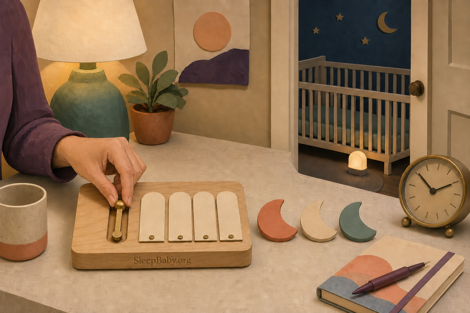 A caregiver chooses one sleep lever for three nights while other changes stay covered and a safe toddler crib waits nearby