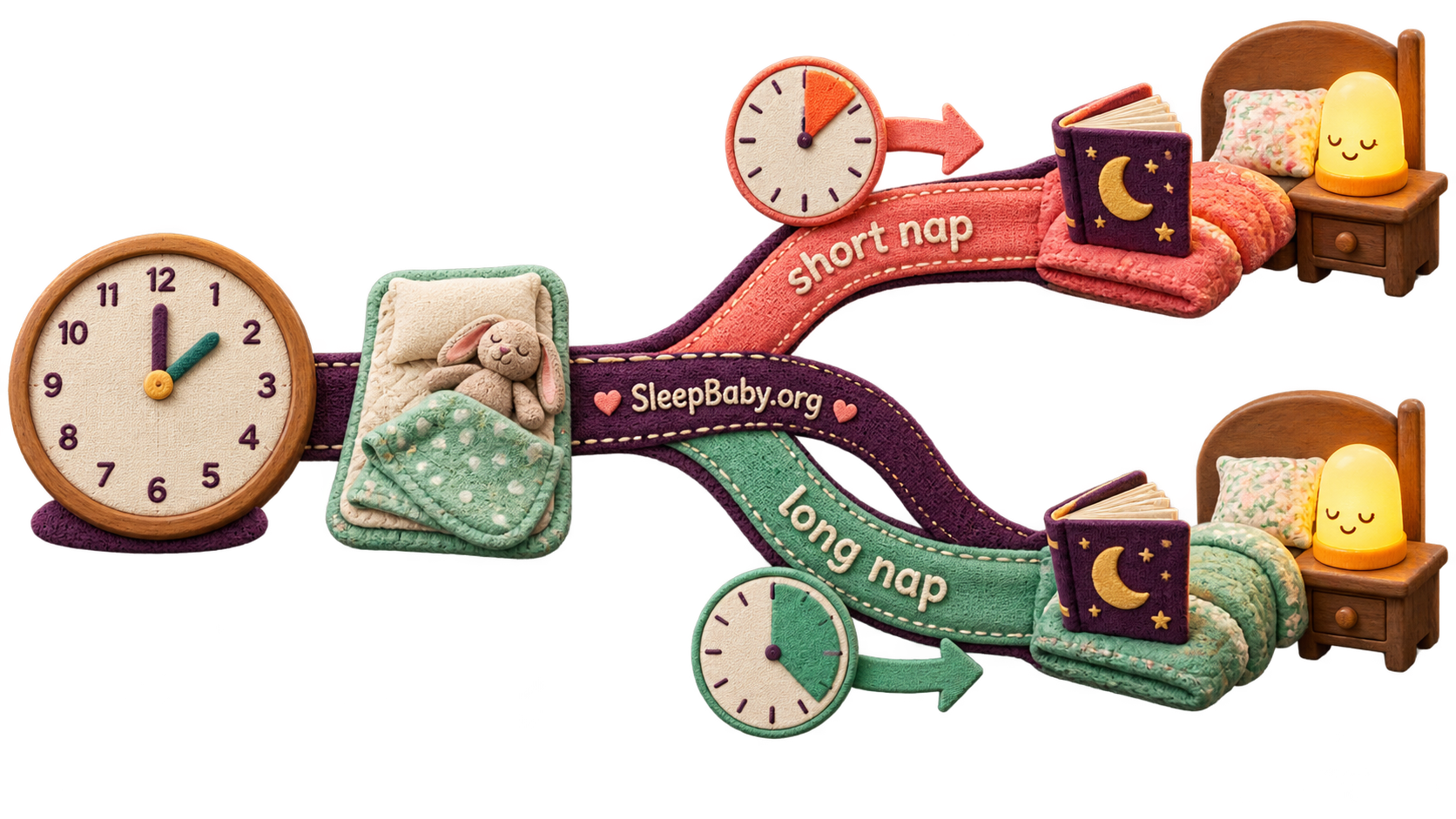 The nap-to-bedtime bridge for a 22-month-old A midday sleep arc branches toward two evening book-and-lamp paths based on when the nap ends