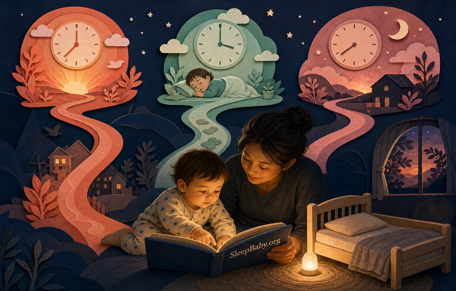 The familiar book-and-bed return after different toddler days Awake 22-month-old and caregiver return to a calm book-and-bed sequence beside three soft clock paths at dusk