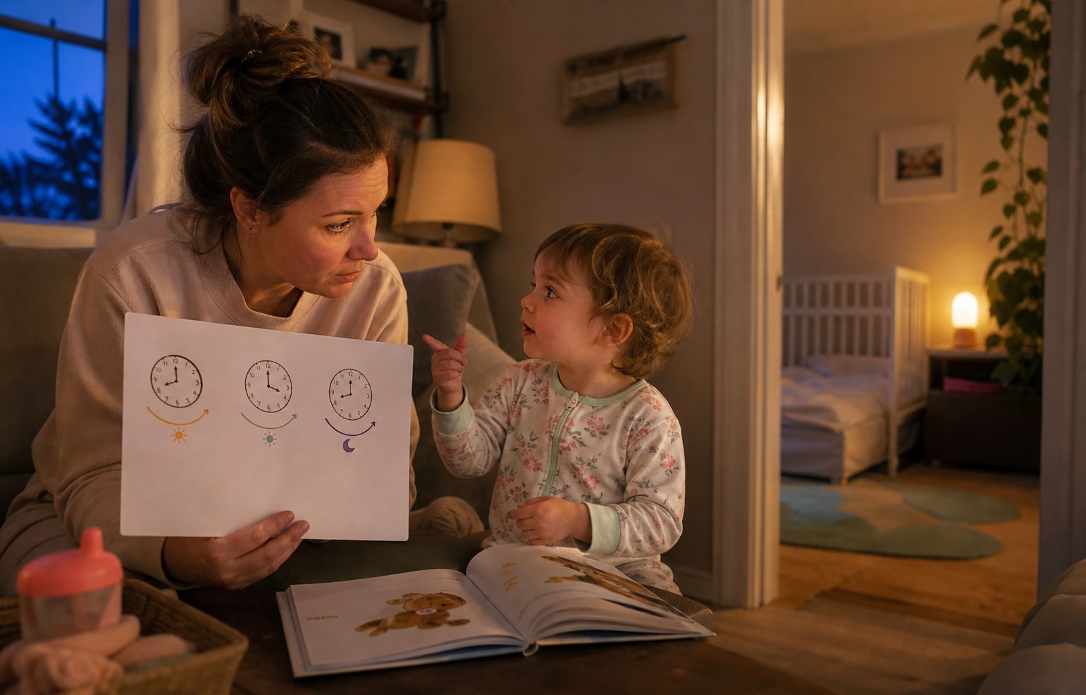 Three flexible clock paths for a 22-month-old evening Caregiver compares three flexible clock paths while an awake 22-month-old winds down beside a safe empty toddler sleep space