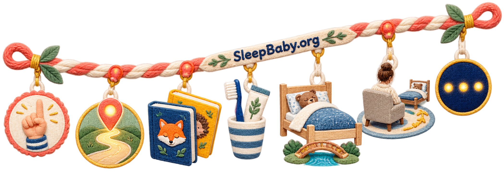 Coral action ribbon with one raised finger, one path, bedtime books, toothbrush, safe bed, retreating chair and three night dots