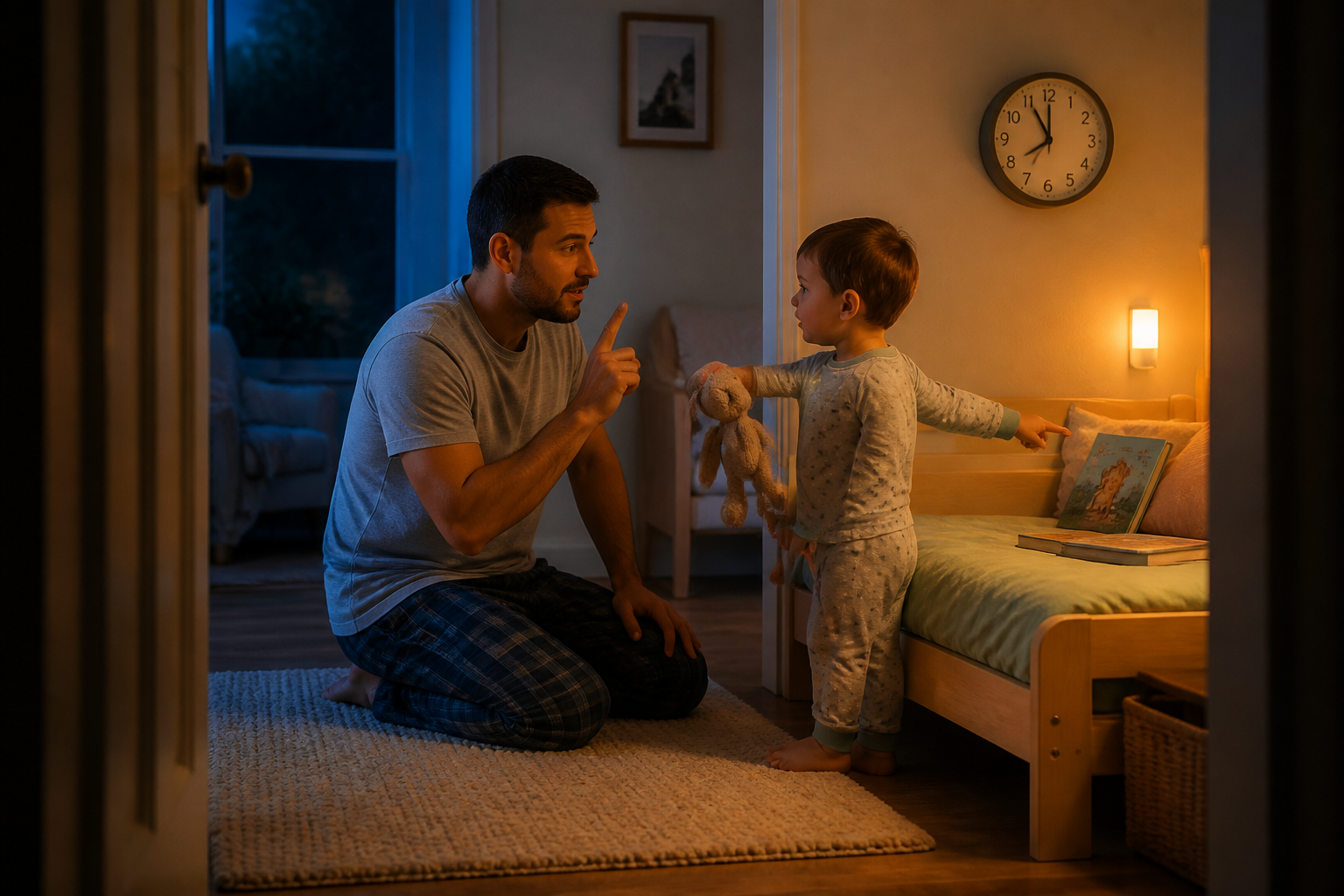 A toddler in pajamas points toward a bedtime book as a parent calmly closes the routine beside a low bed.