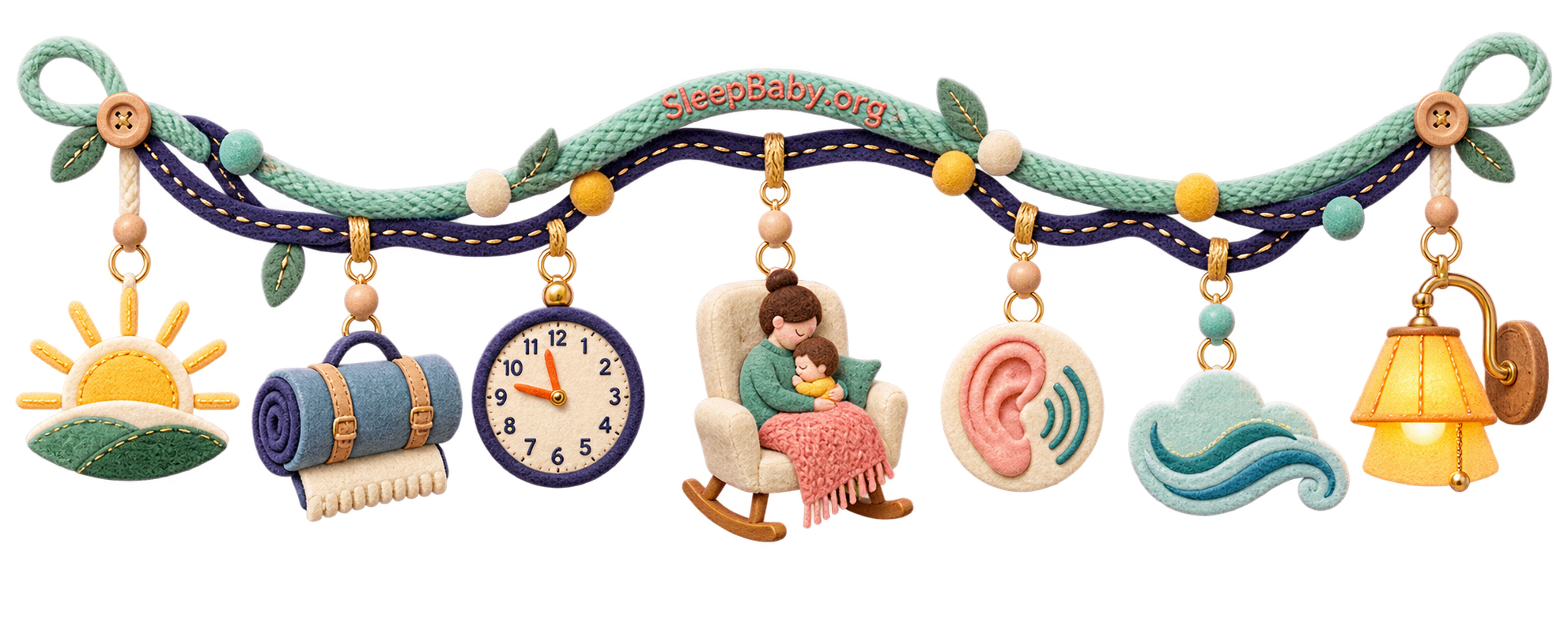 Mint and indigo ribbon linking a sunrise, nap mat, late clock, comfort chair, listening ear, breathing wave and bedtime lamp