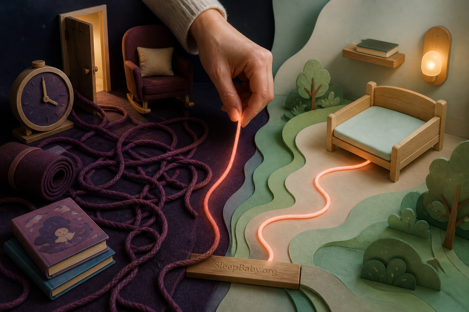 An adult hand draws one glowing coral path from tangled clocks, nap cues and bedtime books toward a calm low toddler bed